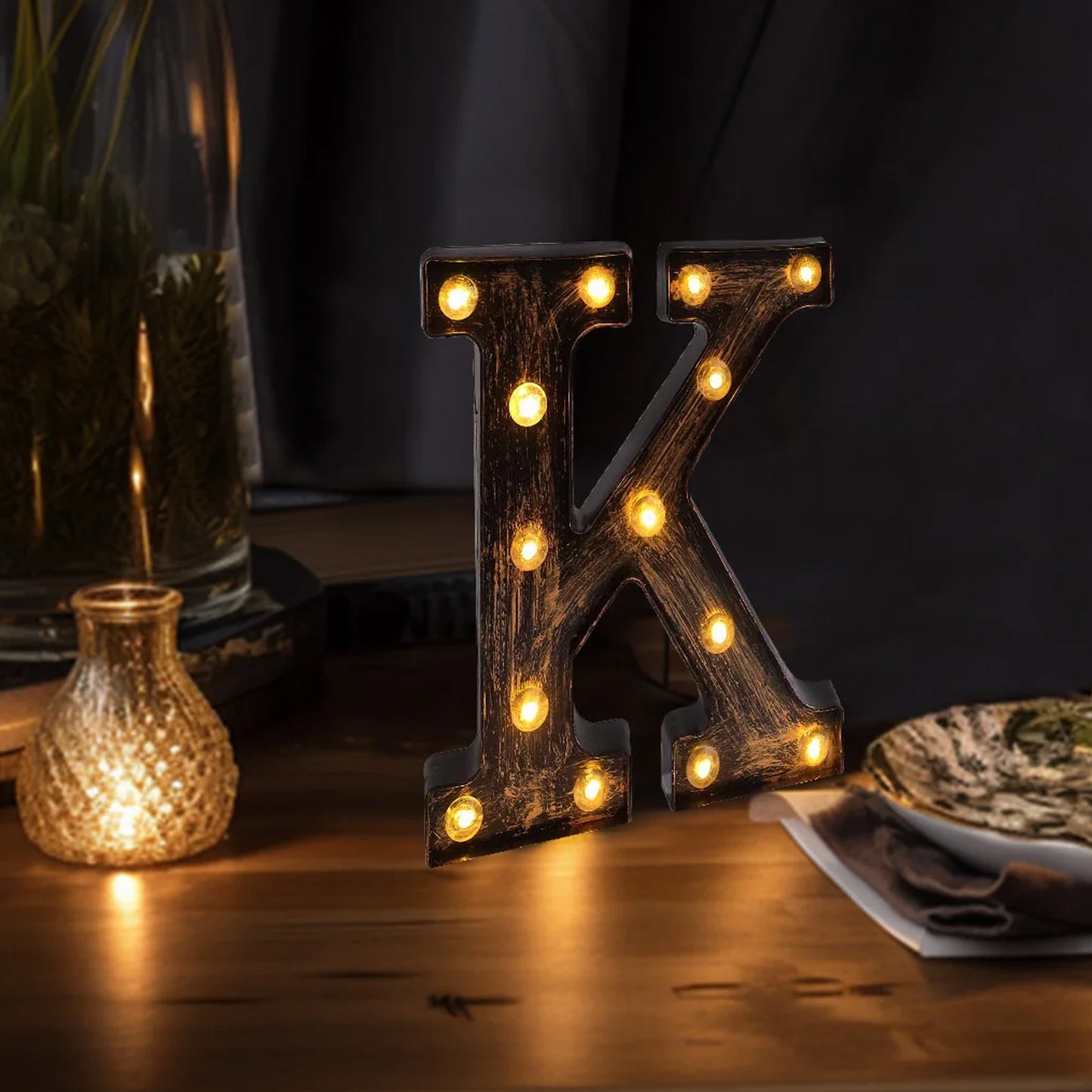 Antique Black Industrial Style LED Marquee Alphabet Letter Sign "K", 9" Vintage Style Light Up Letter