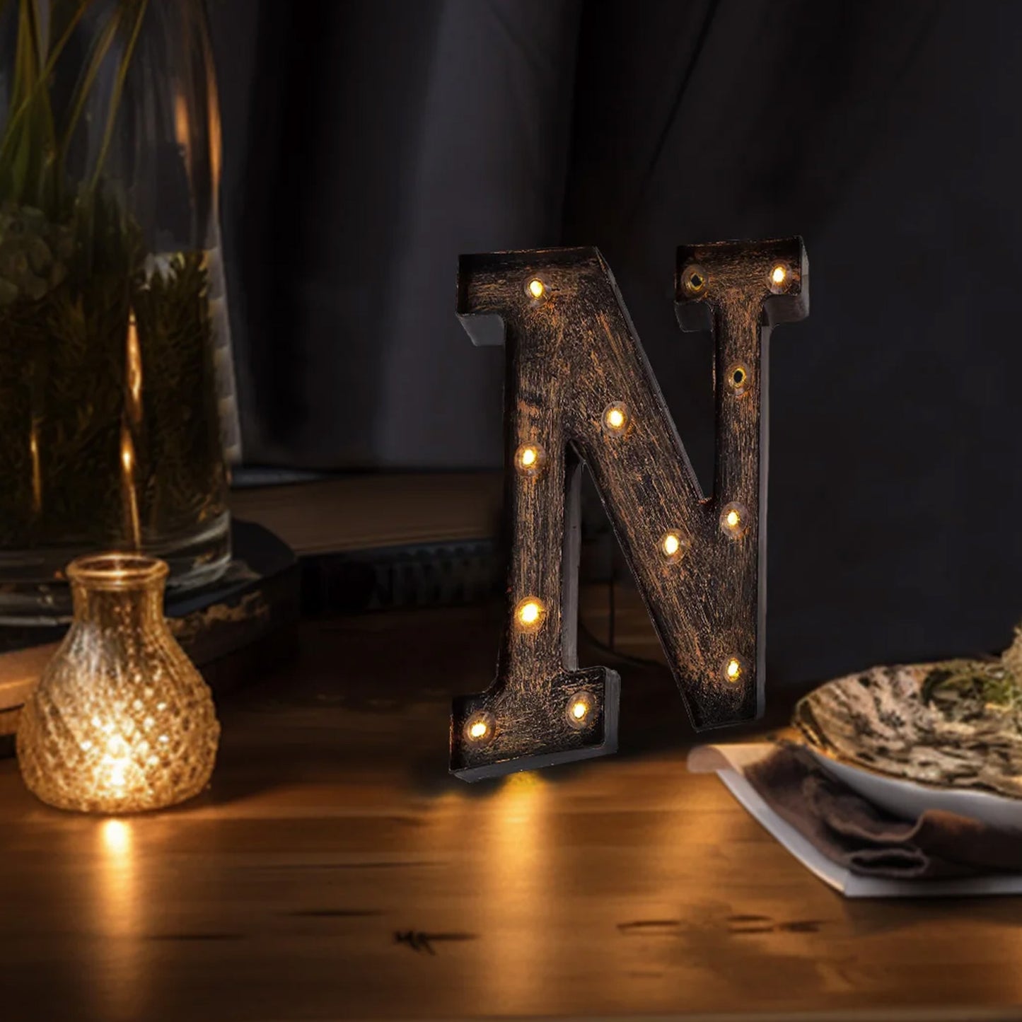 Antique Black Industrial Style LED Marquee Alphabet Letter Sign "N", 9" Vintage Style Light Up Letter