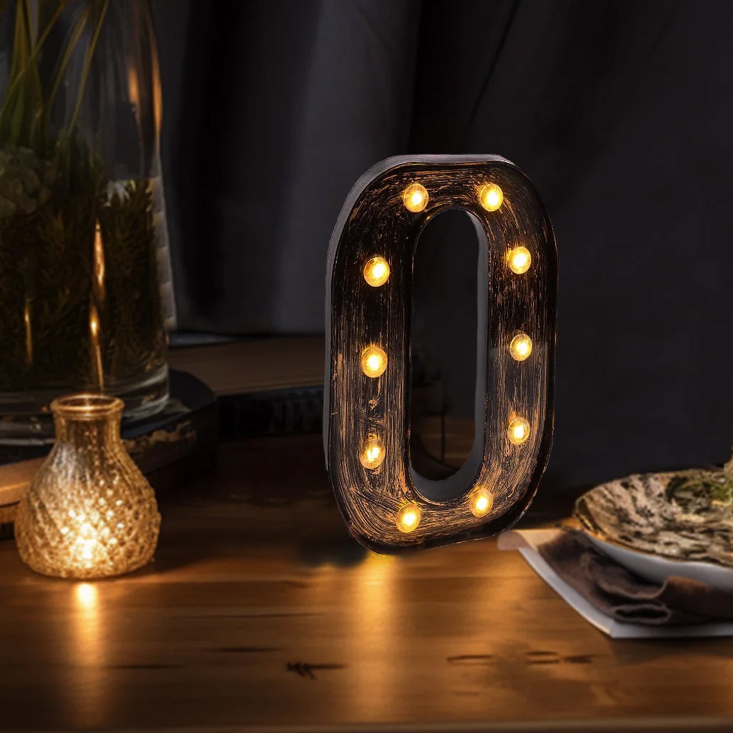 Antique Black Industrial Style LED Marquee Alphabet Letter Sign "O", 9" Vintage Style Light Up Letter