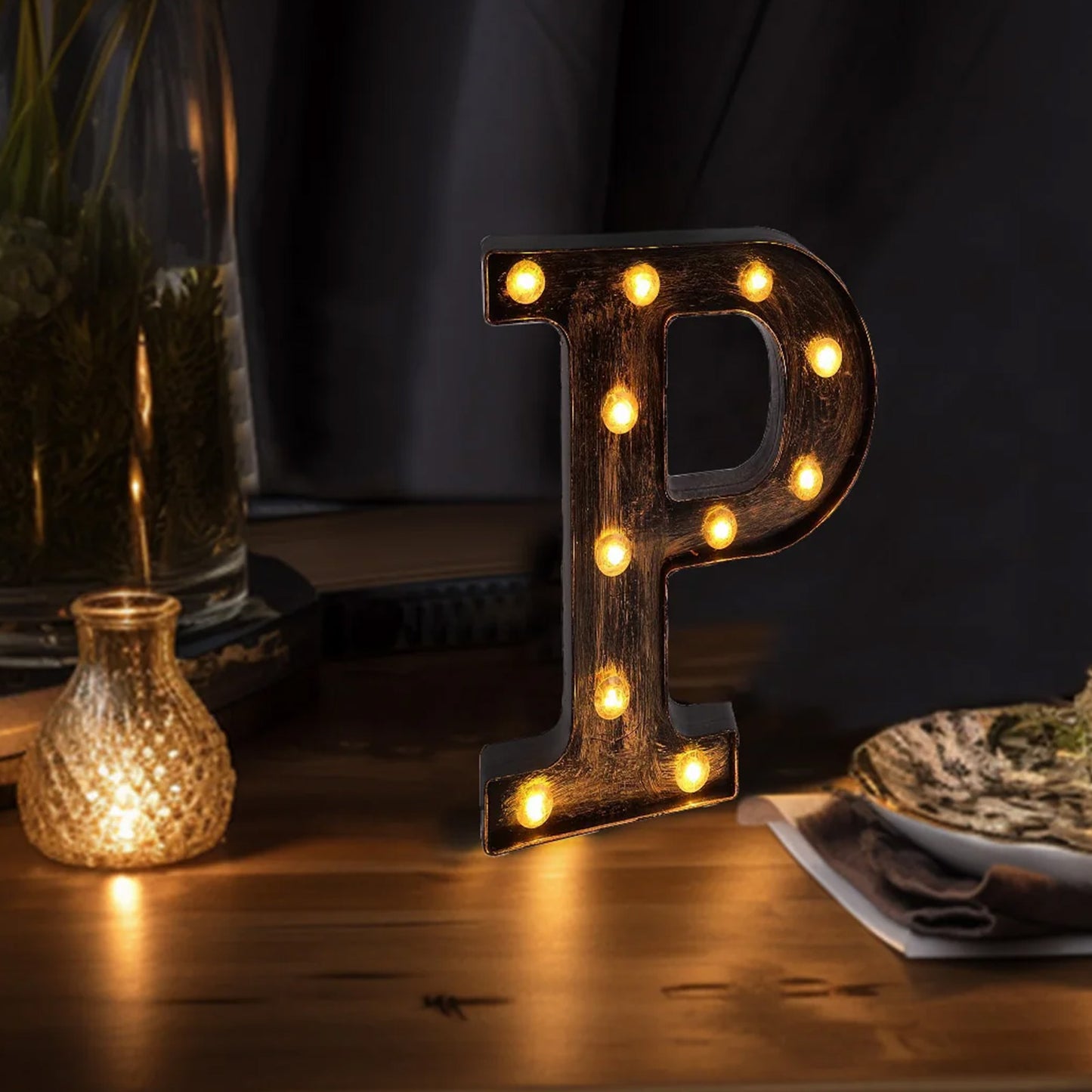 Antique Black Industrial Style LED Marquee Alphabet Letter Sign "P", 9" Vintage Style Light Up Letter