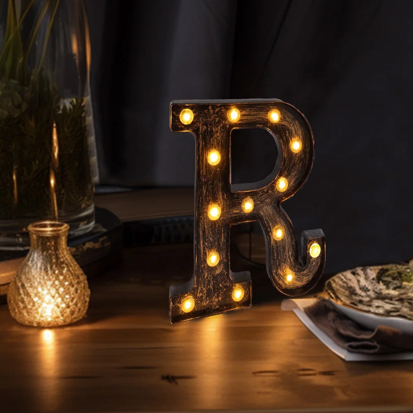 Antique Black Industrial Style LED Marquee Alphabet Letter Sign "R", 9" Vintage Style Light Up Letter