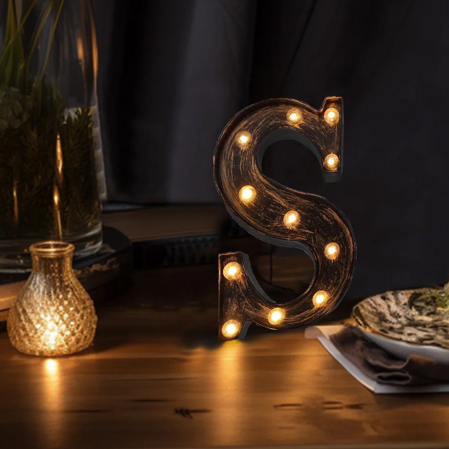 Antique Black Industrial Style LED Marquee Alphabet Letter Sign "S", 9" Vintage Style Light Up Letter