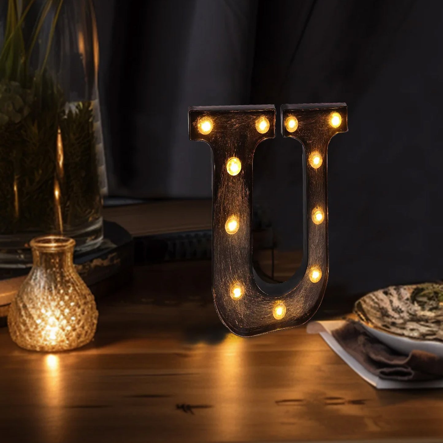 Antique Black Industrial Style LED Marquee Alphabet Letter Sign "U", 9" Vintage Style Light Up Letter