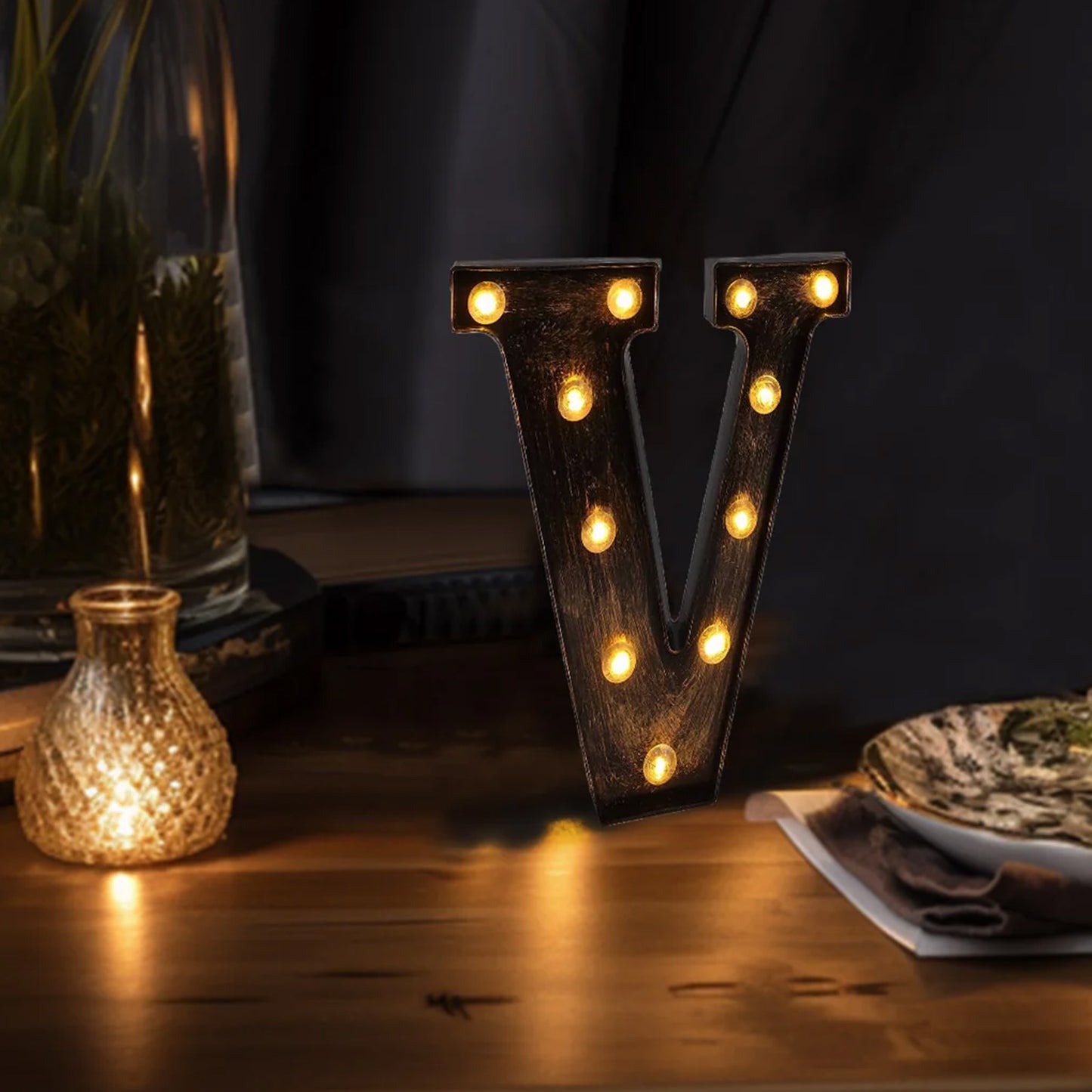 Antique Black Industrial Style LED Marquee Alphabet Letter Sign "V", 9" Vintage Style Light Up Letter