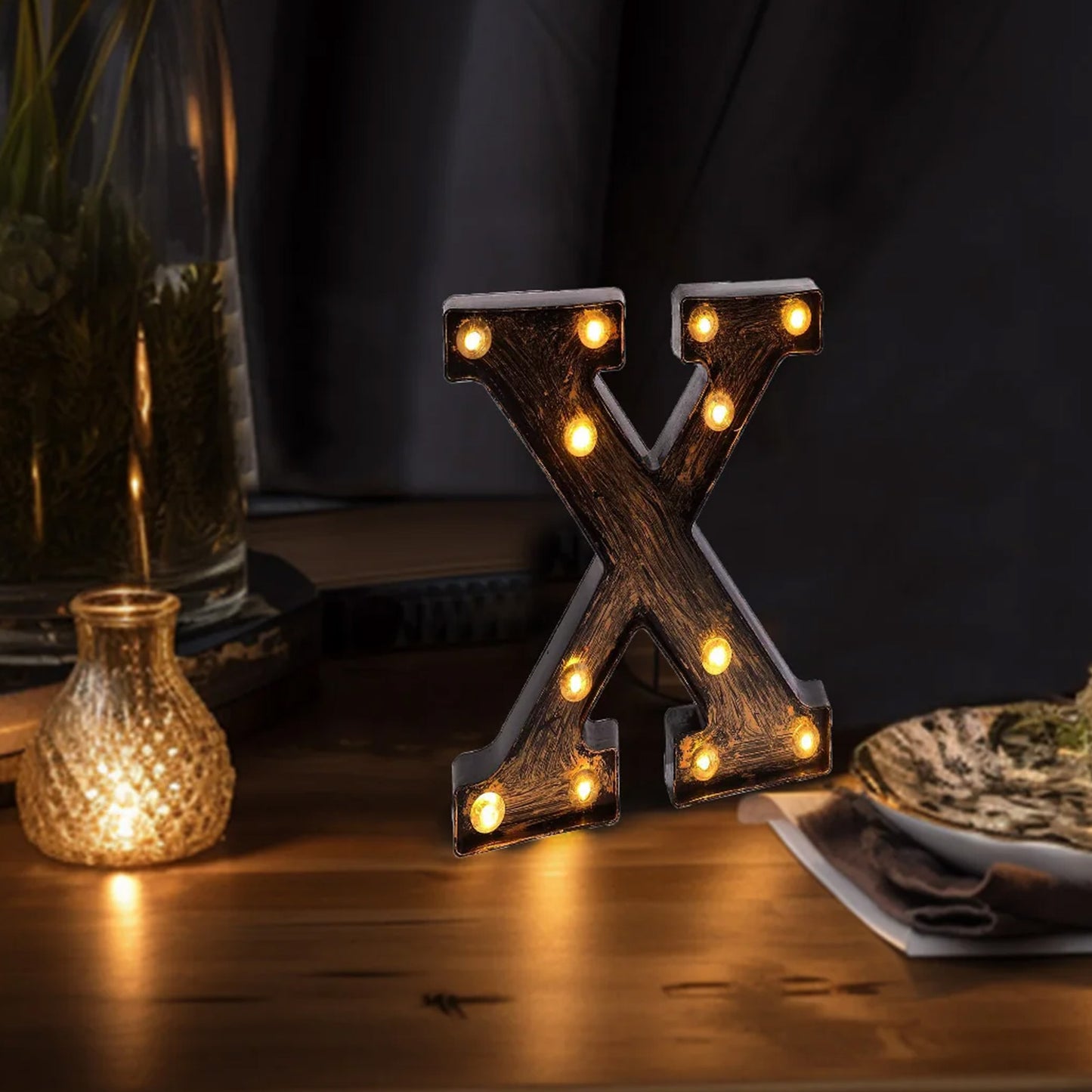 Antique Black Industrial Style LED Marquee Alphabet Letter Sign "X", 9" Vintage Style Light Up Letter