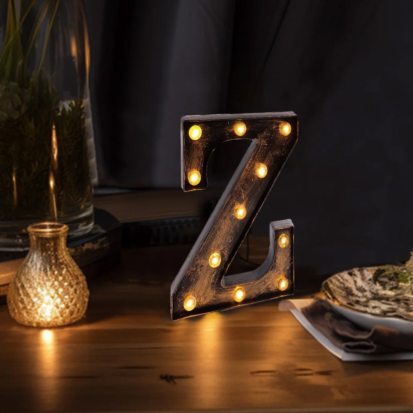 Antique Black Industrial Style LED Marquee Alphabet Letter Sign "Z", 9" Vintage Style Light Up Letter