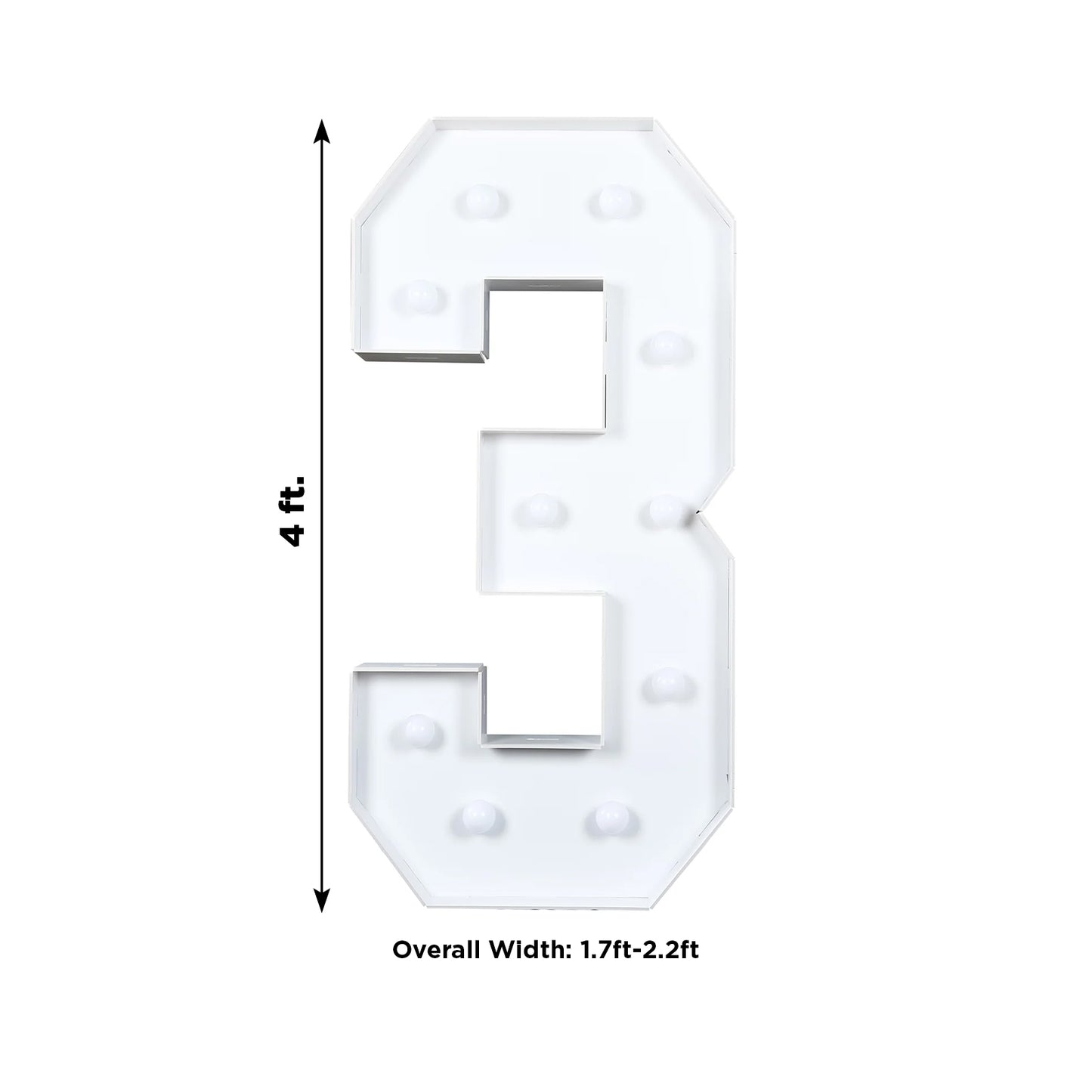 Giant LED Marquee Light Up Number "3", White 4ft Pre-Cut Foam Board with 10 Warm White Battery Operated LEDs, Glue Gun and Sticks