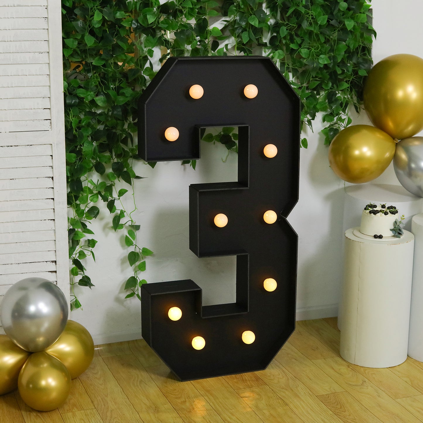 Giant LED Marquee Light Up Number "3", Black 4ft Pre-Cut Foam Board with 10 Warm White Battery Operated LEDs, Glue Gun and Sticks