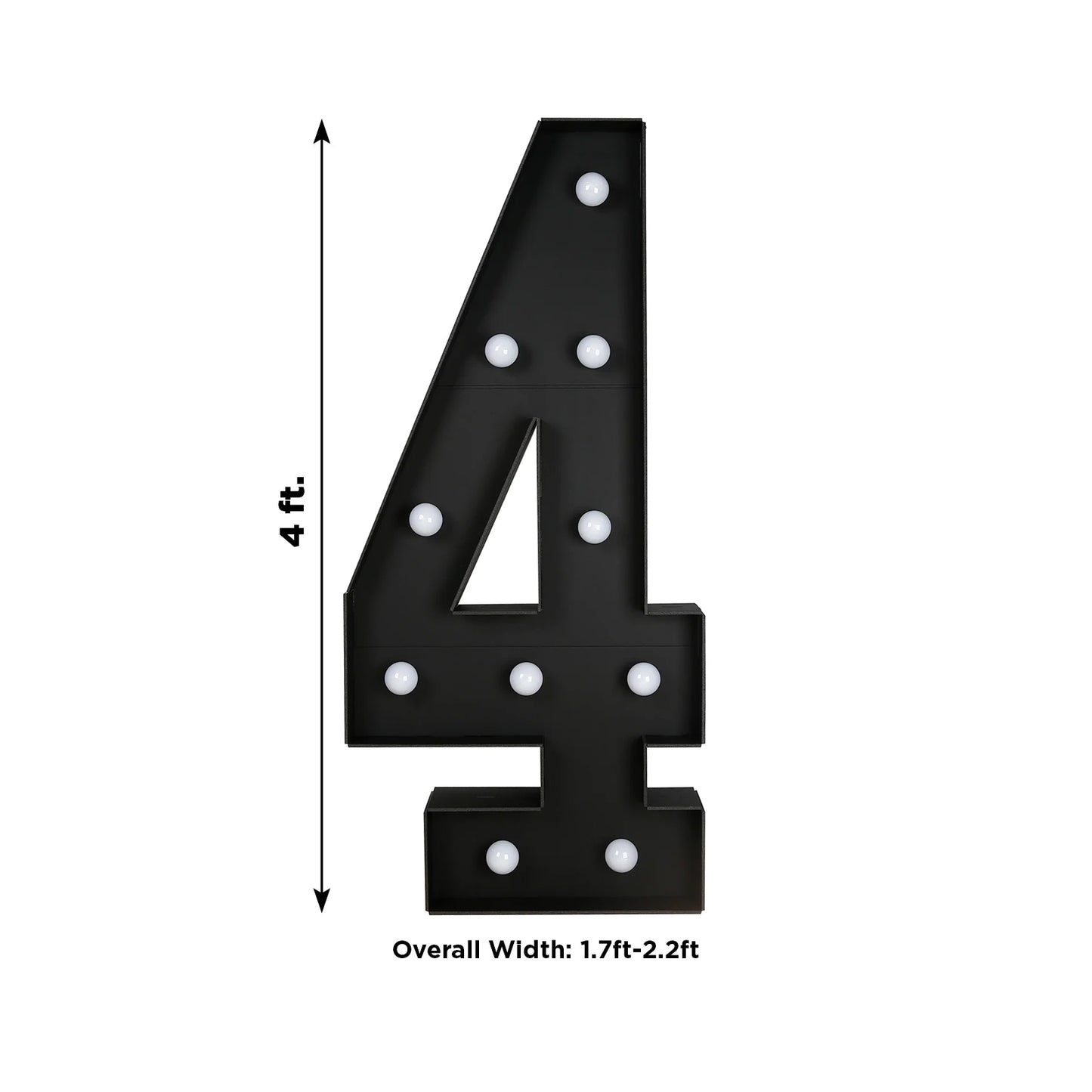 Giant LED Marquee Light Up Number "4", Black 4ft Pre-Cut Foam Board with 10 Warm White Battery Operated LEDs, Glue Gun and Sticks