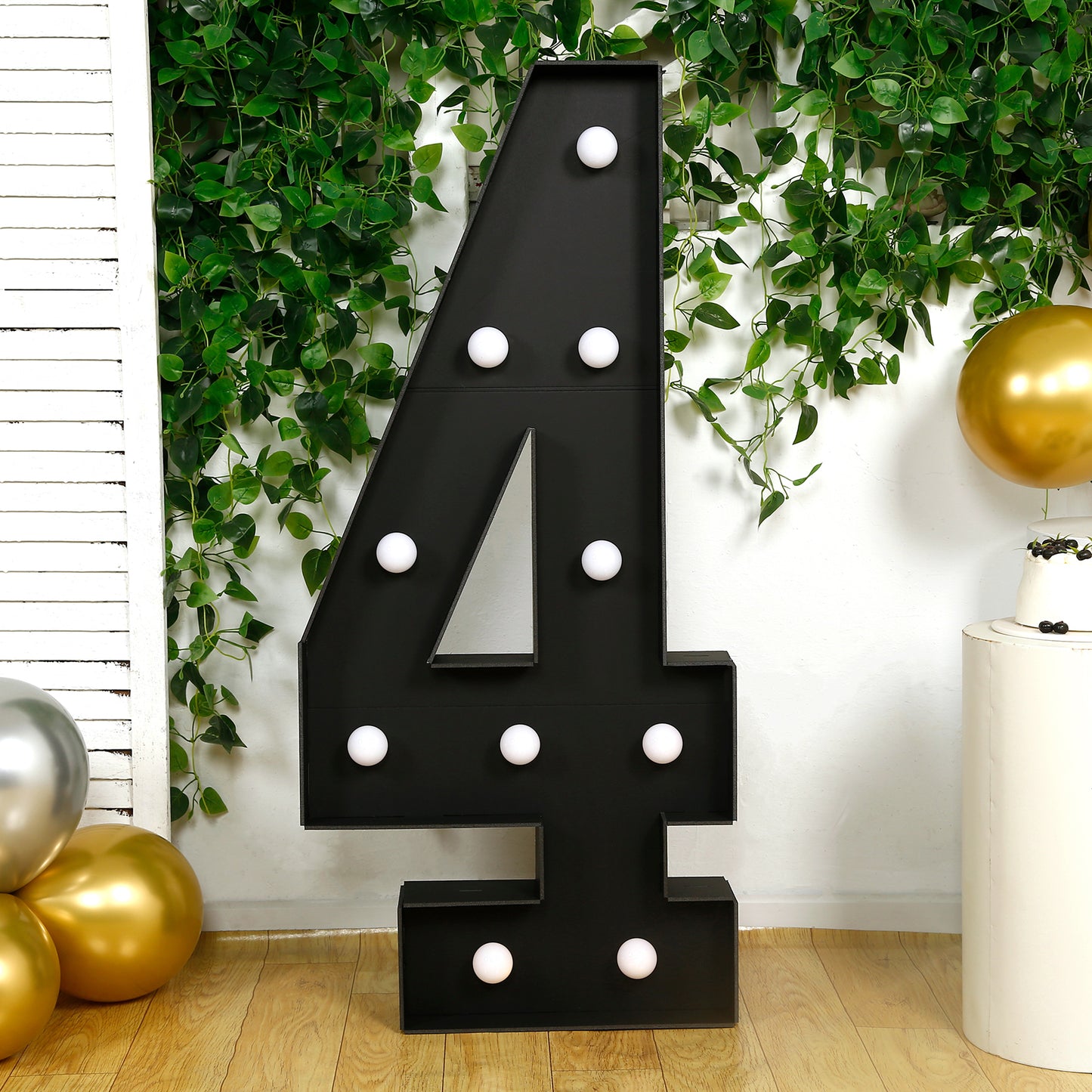 Giant LED Marquee Light Up Number "4", Black 4ft Pre-Cut Foam Board with 10 Warm White Battery Operated LEDs, Glue Gun and Sticks