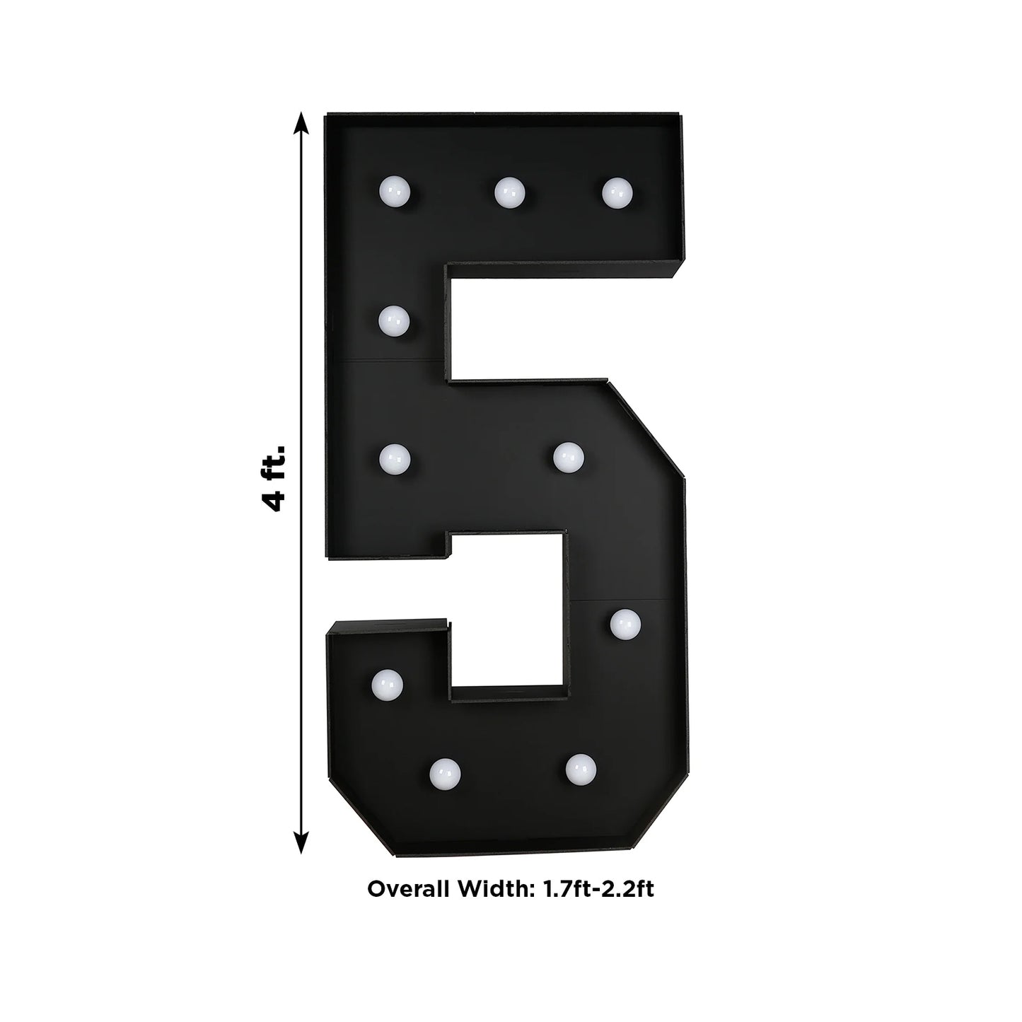 Giant LED Marquee Light Up Number "5", Black 4ft Pre-Cut Foam Board with 10 Warm White Battery Operated LEDs, Glue Gun and Sticks