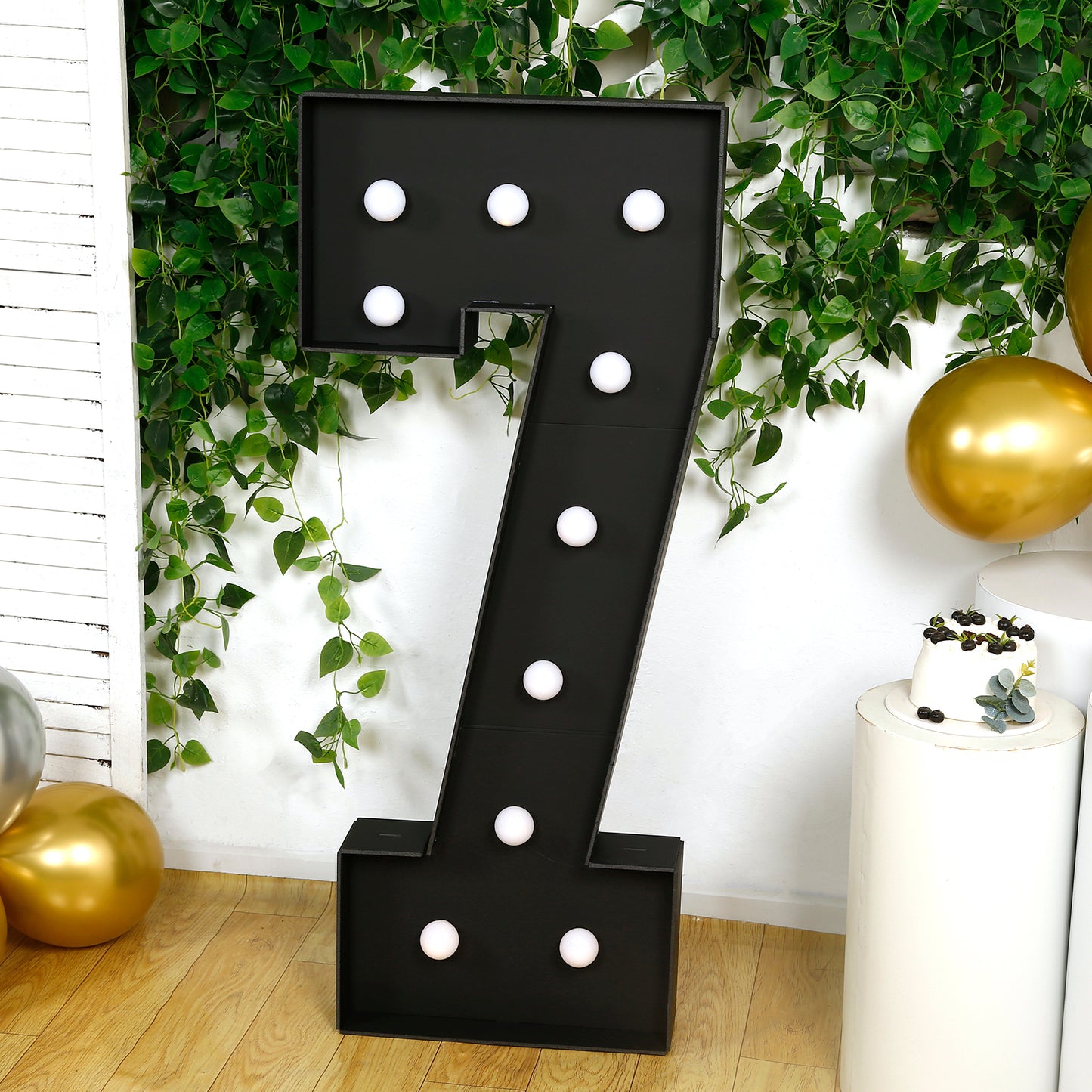 Giant LED Marquee Light Up Number "7", Black 4ft Pre-Cut Foam Board with 10 Warm White Battery Operated LEDs, Glue Gun and Sticks