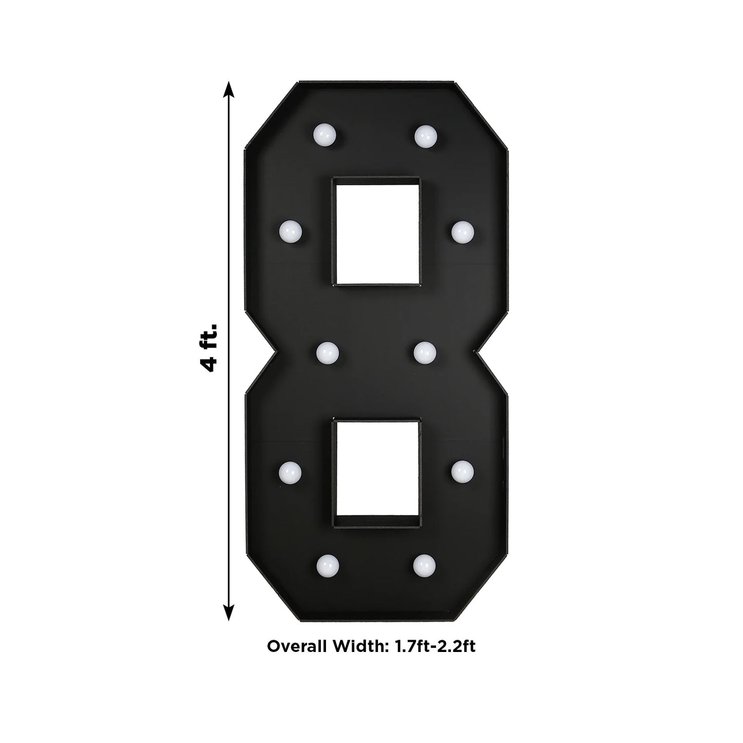 Giant LED Marquee Light Up Number "8", Black 4ft Pre-Cut Foam Board with 10 Warm White Battery Operated LEDs, Glue Gun and Sticks