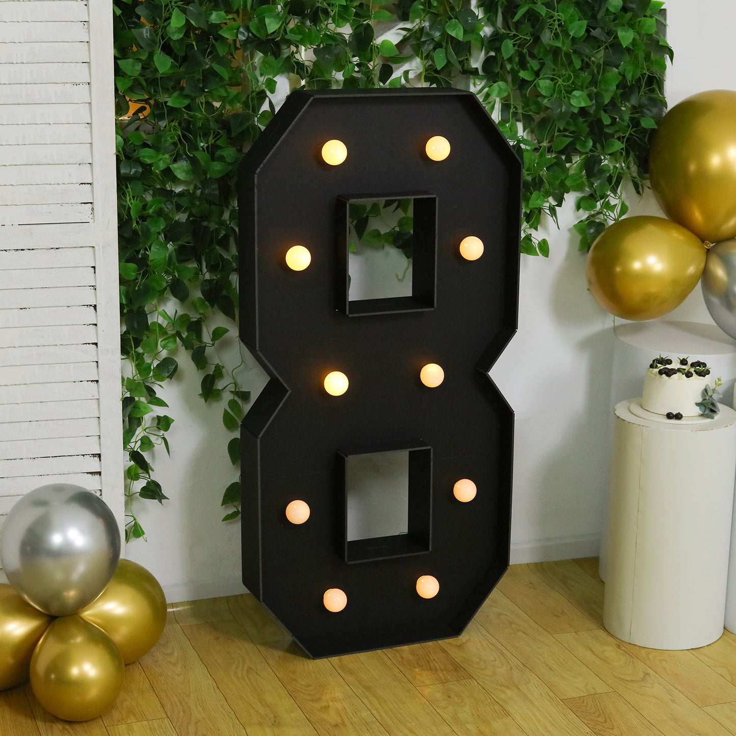 Giant LED Marquee Light Up Number "8", Black 4ft Pre-Cut Foam Board with 10 Warm White Battery Operated LEDs, Glue Gun and Sticks