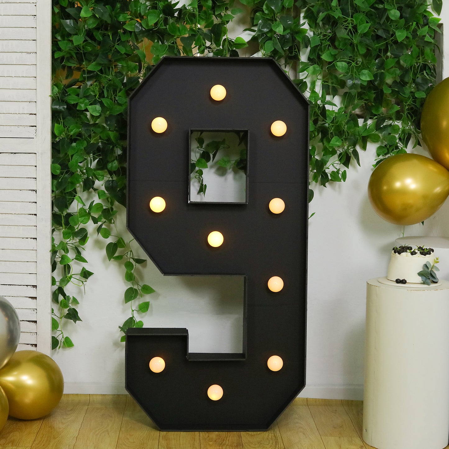 Giant LED Marquee Light Up Number "9", Black 4ft Pre-Cut Foam Board with 10 Warm White Battery Operated LEDs, Glue Gun and Sticks