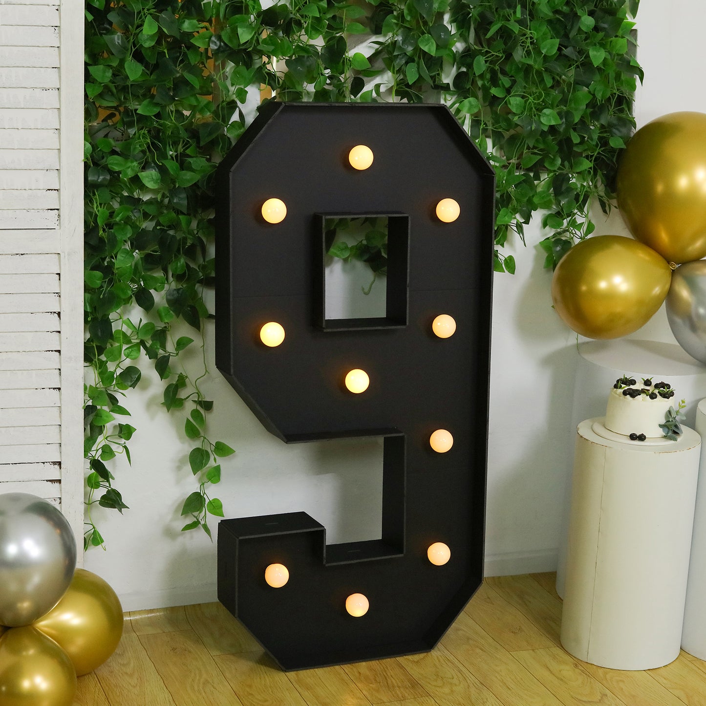 Giant LED Marquee Light Up Number "9", Black 4ft Pre-Cut Foam Board with 10 Warm White Battery Operated LEDs, Glue Gun and Sticks