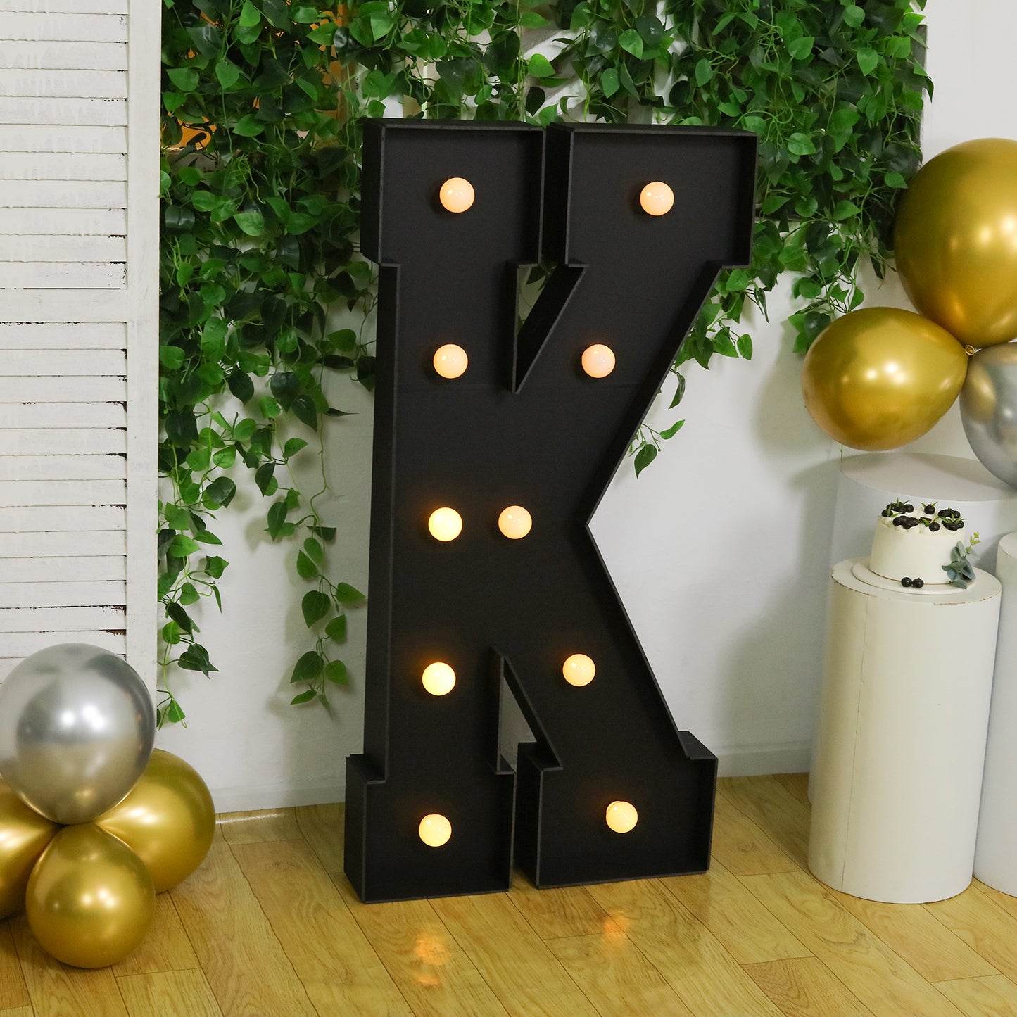 Giant LED Marquee Light Up Letter "K", Black 4ft Pre-Cut Foam Board with 10 Warm White Battery Operated LEDs, Glue Gun and Sticks