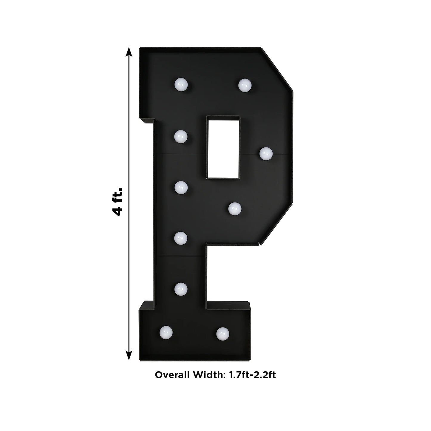 Giant LED Marquee Light Up Letter "P", Black 4ft Pre-Cut Foam Board with 10 Warm White Battery Operated LEDs, Glue Gun and Sticks
