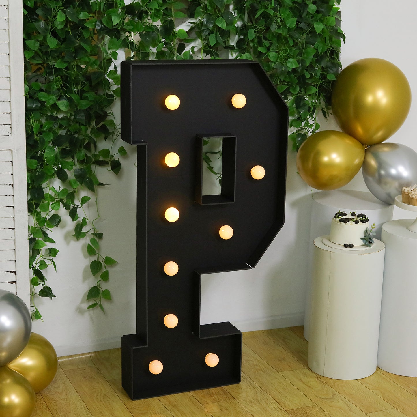 Giant LED Marquee Light Up Letter "P", Black 4ft Pre-Cut Foam Board with 10 Warm White Battery Operated LEDs, Glue Gun and Sticks