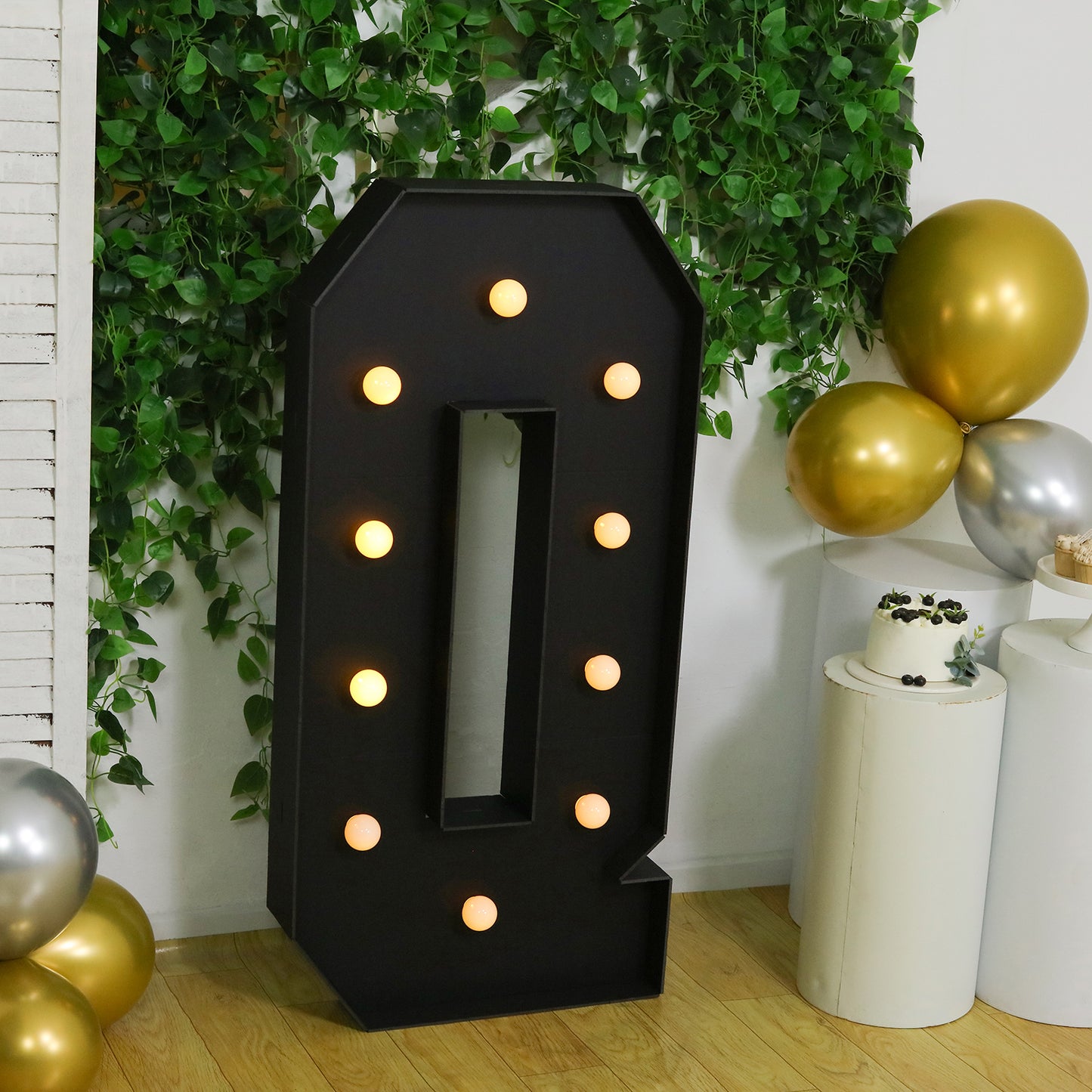 Giant LED Marquee Light Up Letter "Q", Black 4ft Pre-Cut Foam Board with 10 Warm White Battery Operated LEDs, Glue Gun and Sticks