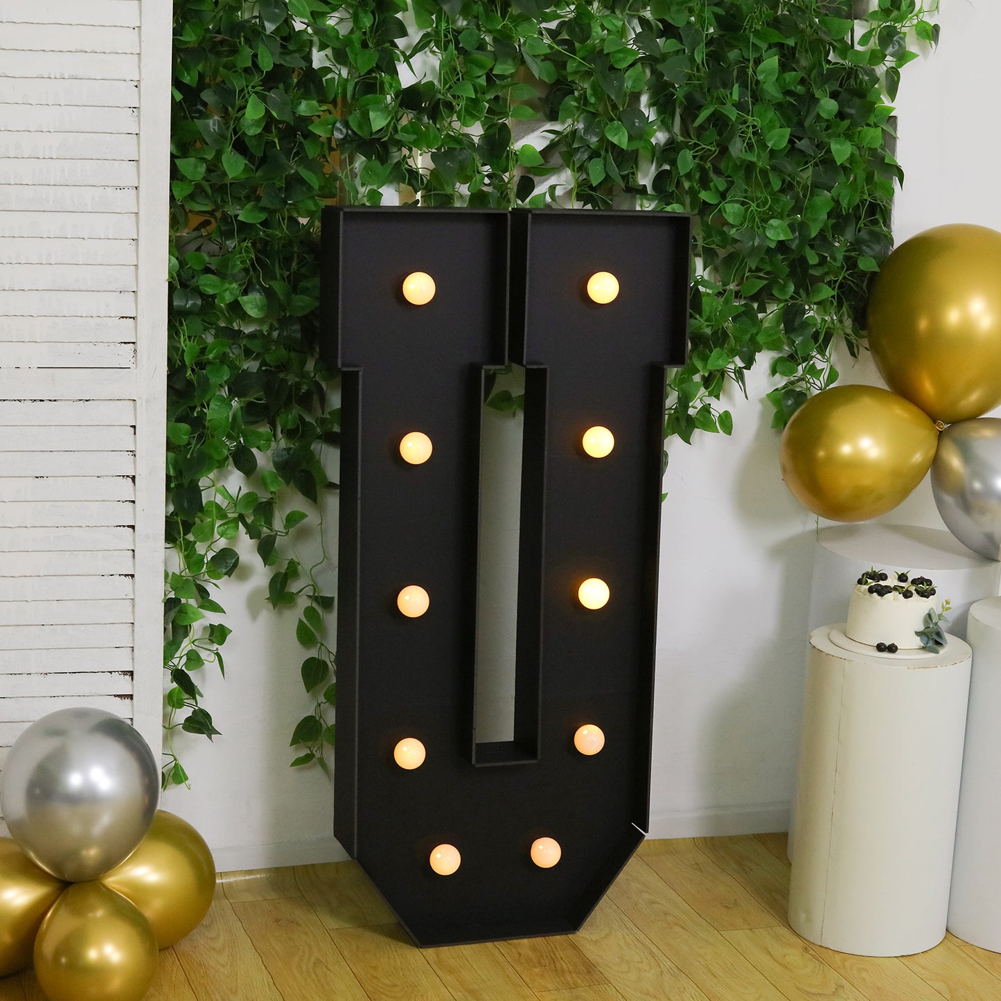 Giant LED Marquee Light Up Letter "U", Black 4ft Pre-Cut Foam Board with 10 Warm White Battery Operated LEDs, Glue Gun and Sticks