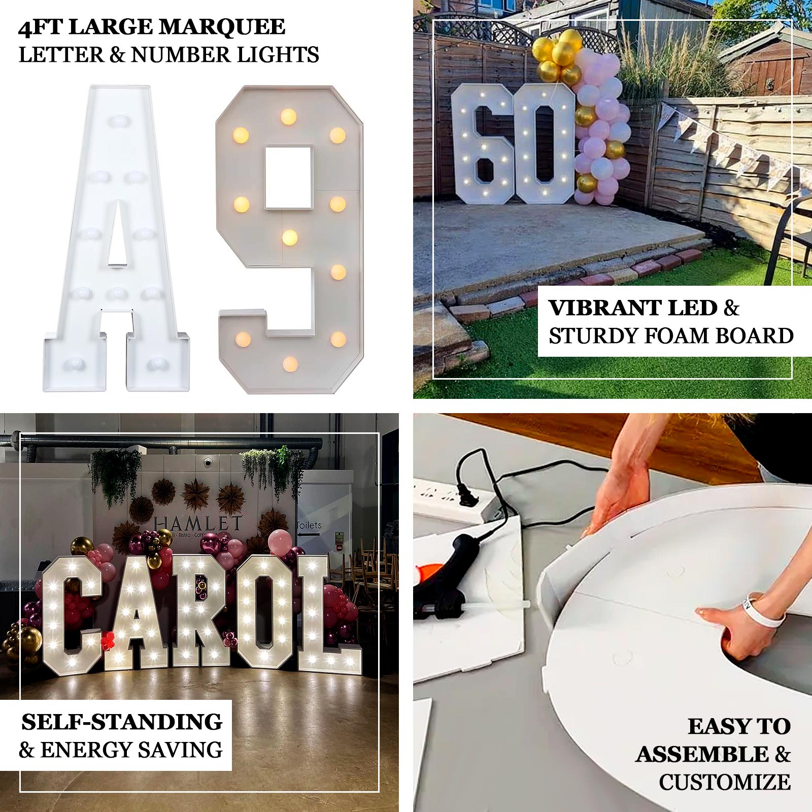 Giant LED Marquee Light Up Letter & Number White 4ft Pre-Cut Foam Board with 10 Warm White Battery Operated LEDs, Glue Gun and Sticks
