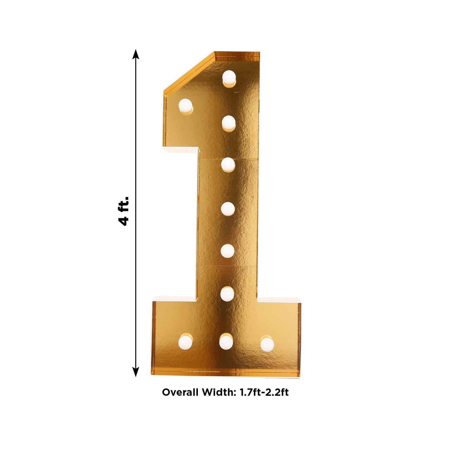 Giant LED Marquee Light Up Number "1", Gold 4ft Pre-Cut Foam Board with 10 Warm White Battery Operated LEDs, Glue Gun and Sticks