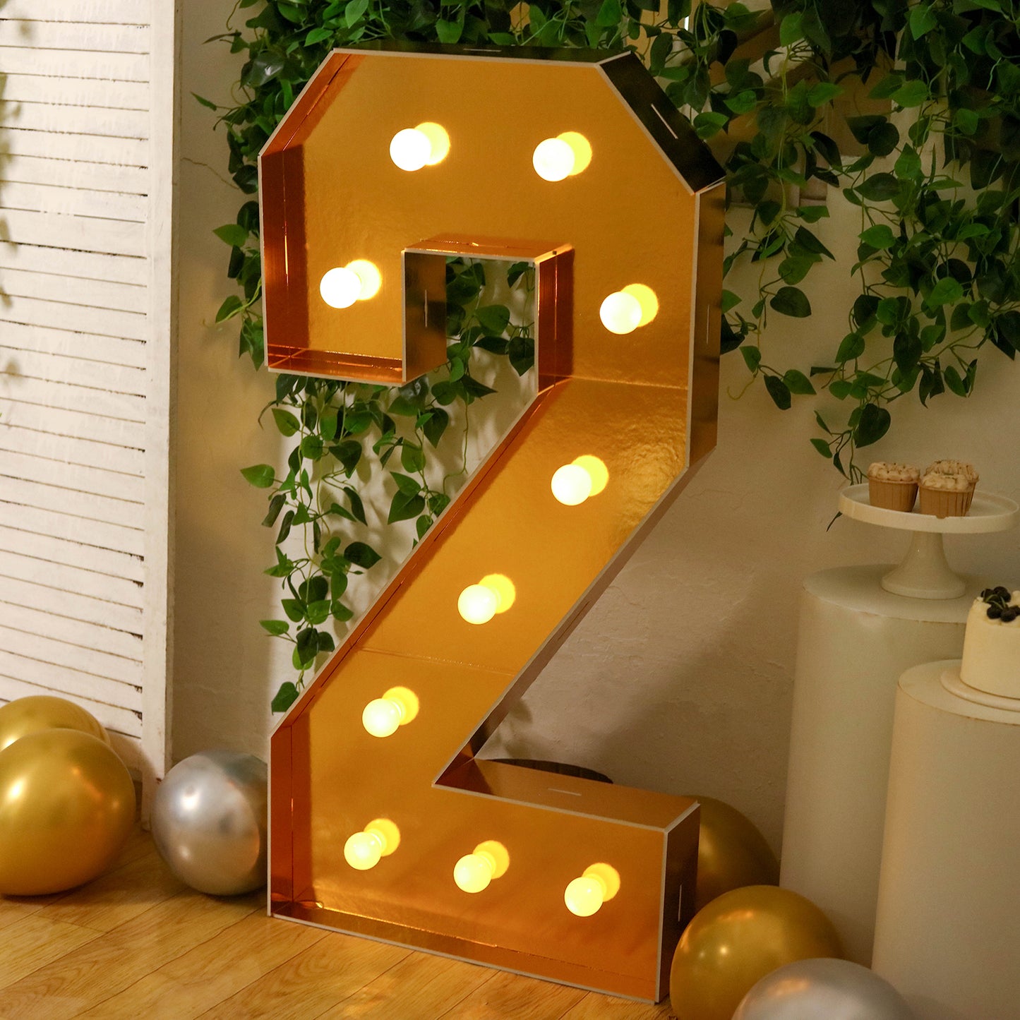 Giant LED Marquee Light Up Number "2", Gold 4ft Pre-Cut Foam Board with 10 Warm White Battery Operated LEDs, Glue Gun and Sticks