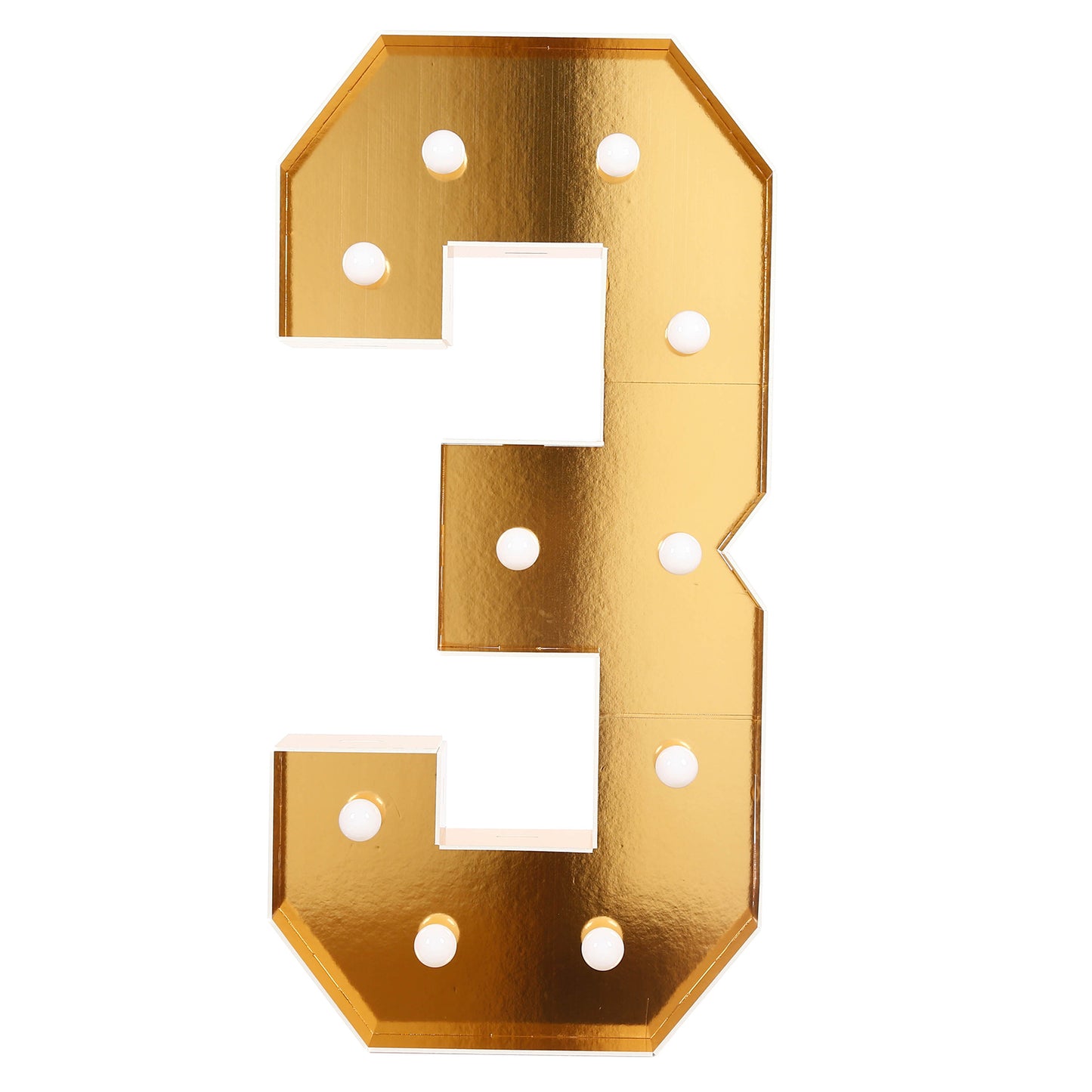 Giant LED Marquee Light Up Number "3", Gold 4ft Pre-Cut Foam Board with 10 Warm White Battery Operated LEDs, Glue Gun and Sticks