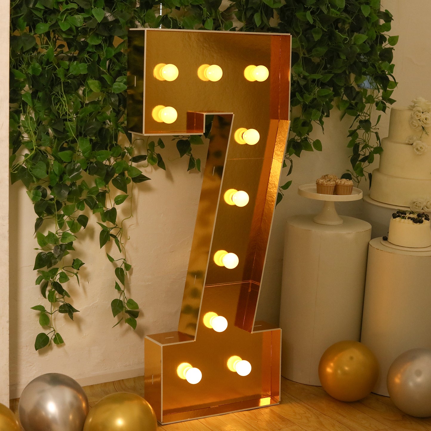 Giant LED Marquee Light Up Number "7", Gold 4ft Pre-Cut Foam Board with 10 Warm White Battery Operated LEDs, Glue Gun and Sticks