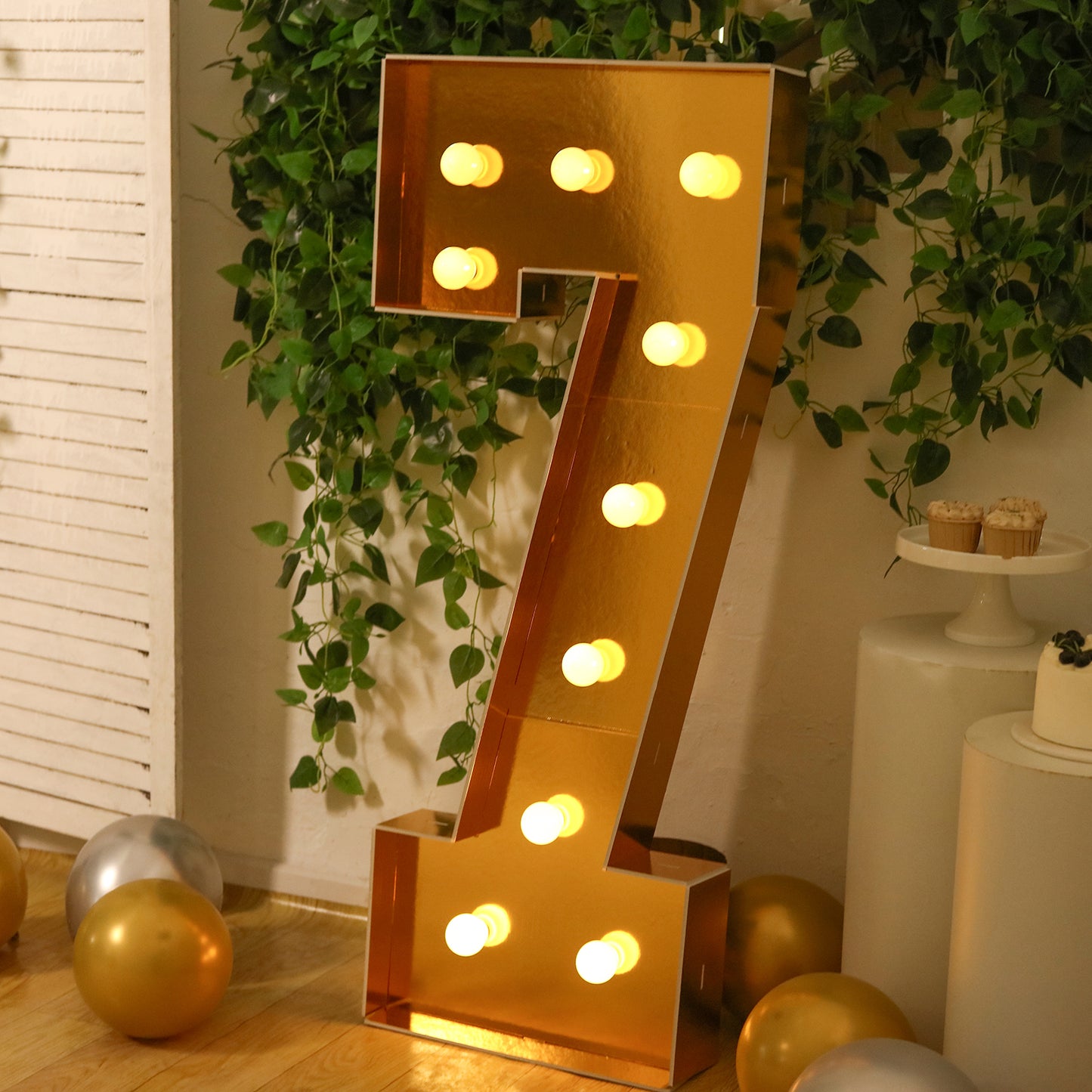 Giant LED Marquee Light Up Number "7", Gold 4ft Pre-Cut Foam Board with 10 Warm White Battery Operated LEDs, Glue Gun and Sticks
