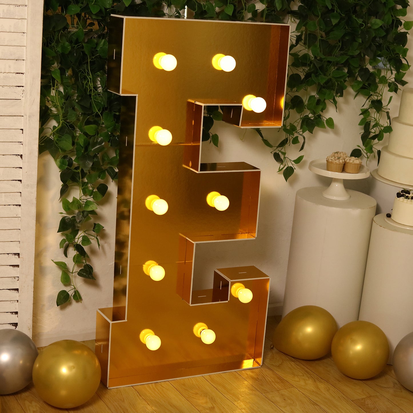 Giant LED Marquee Light Up Letter "E", Gold 4ft Pre-Cut Foam Board with 10 Warm White Battery Operated LEDs, Glue Gun and Sticks