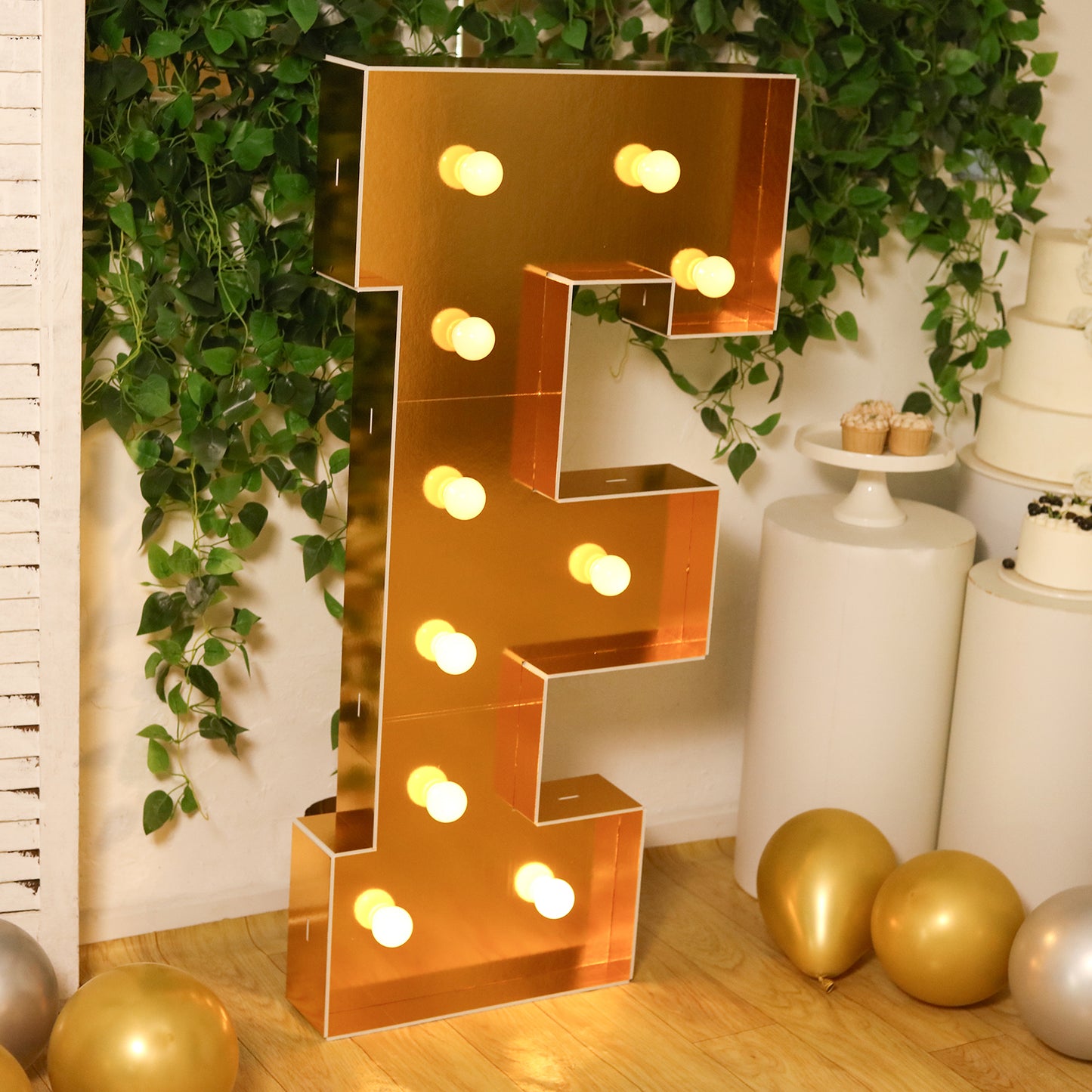 Giant LED Marquee Light Up Letter "F", Gold 4ft Pre-Cut Foam Board with 10 Warm White Battery Operated LEDs, Glue Gun and Sticks