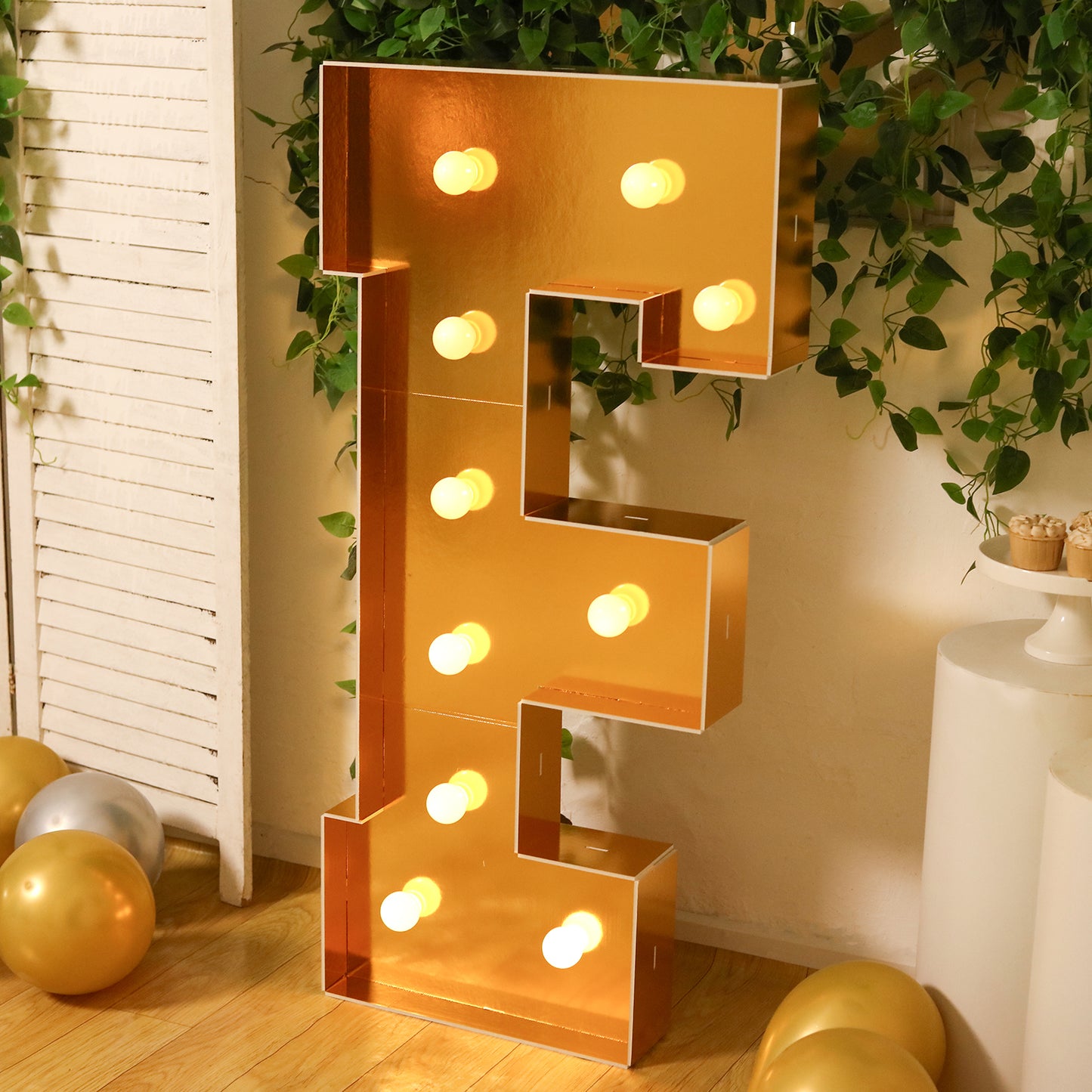 Giant LED Marquee Light Up Letter "F", Gold 4ft Pre-Cut Foam Board with 10 Warm White Battery Operated LEDs, Glue Gun and Sticks