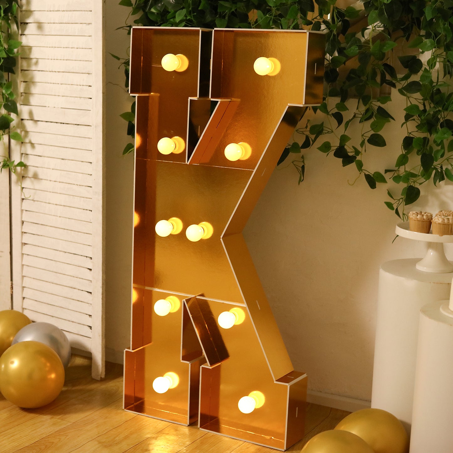 Giant LED Marquee Light Up Letter "K", Gold 4ft Pre-Cut Foam Board with 10 Warm White Battery Operated LEDs, Glue Gun and Sticks