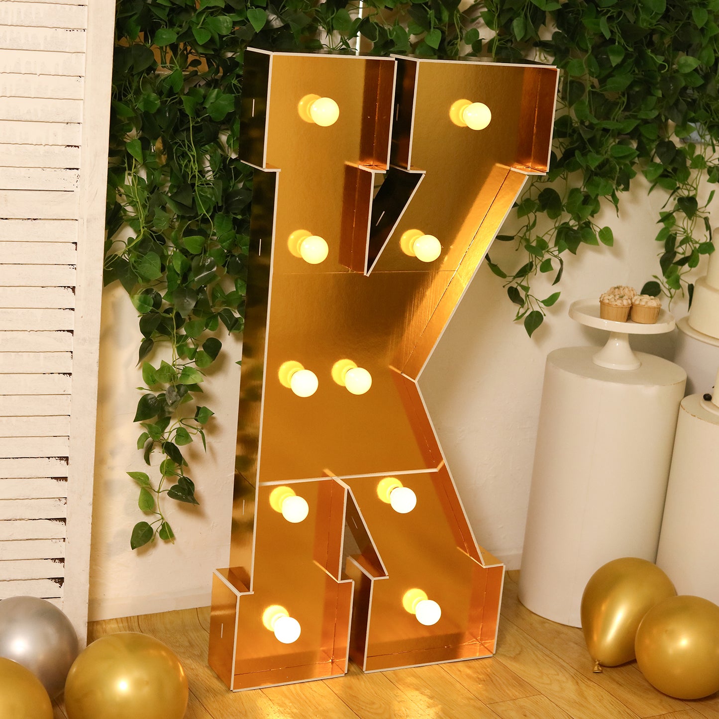Giant LED Marquee Light Up Letter "K", Gold 4ft Pre-Cut Foam Board with 10 Warm White Battery Operated LEDs, Glue Gun and Sticks