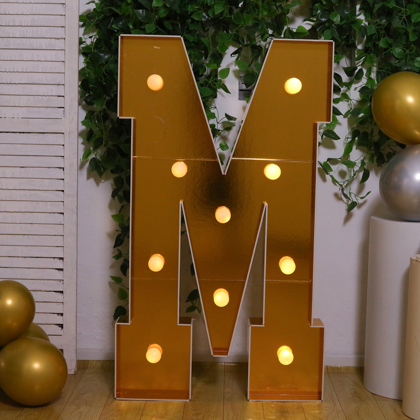 Giant LED Marquee Light Up Letter "M", Gold 4ft Pre-Cut Foam Board with 10 Warm White Battery Operated LEDs, Glue Gun and Sticks