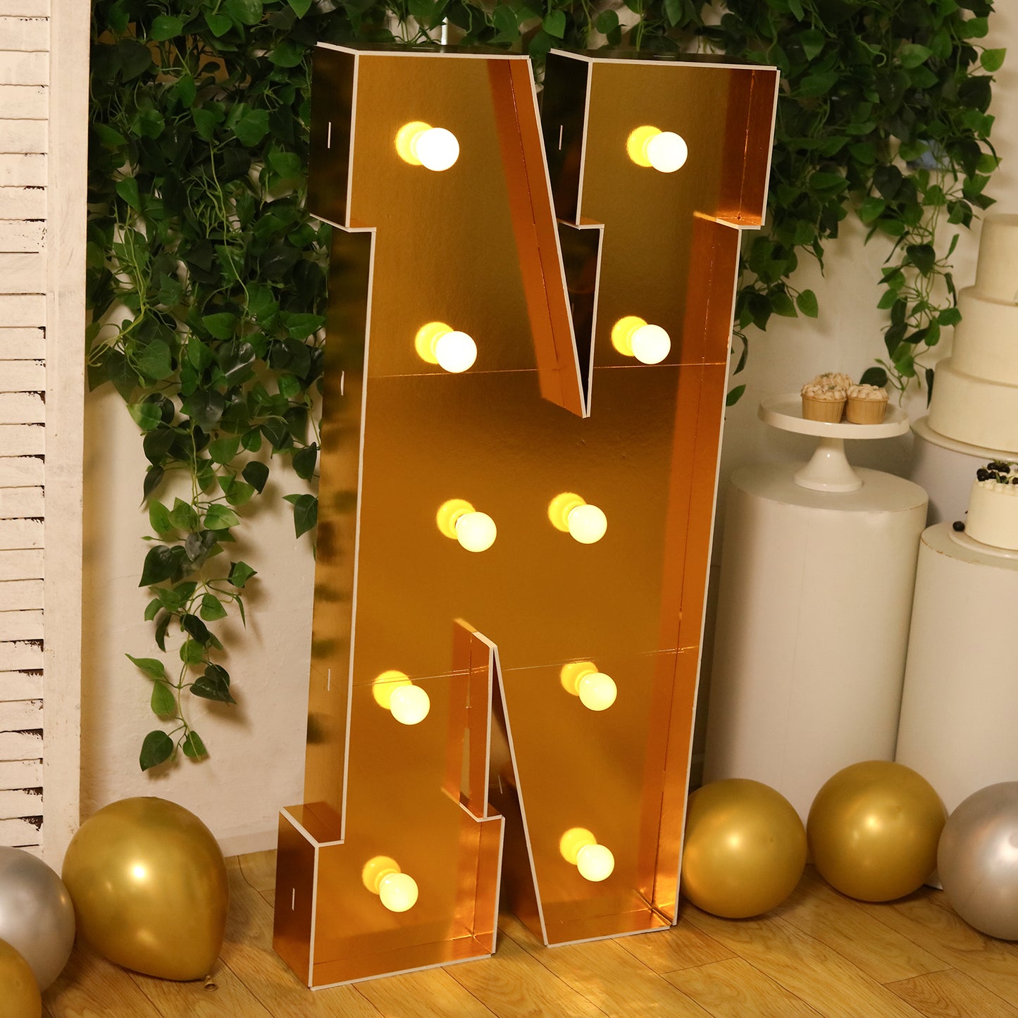 Giant LED Marquee Light Up Letter "N", Gold 4ft Pre-Cut Foam Board with 10 Warm White Battery Operated LEDs, Glue Gun and Sticks