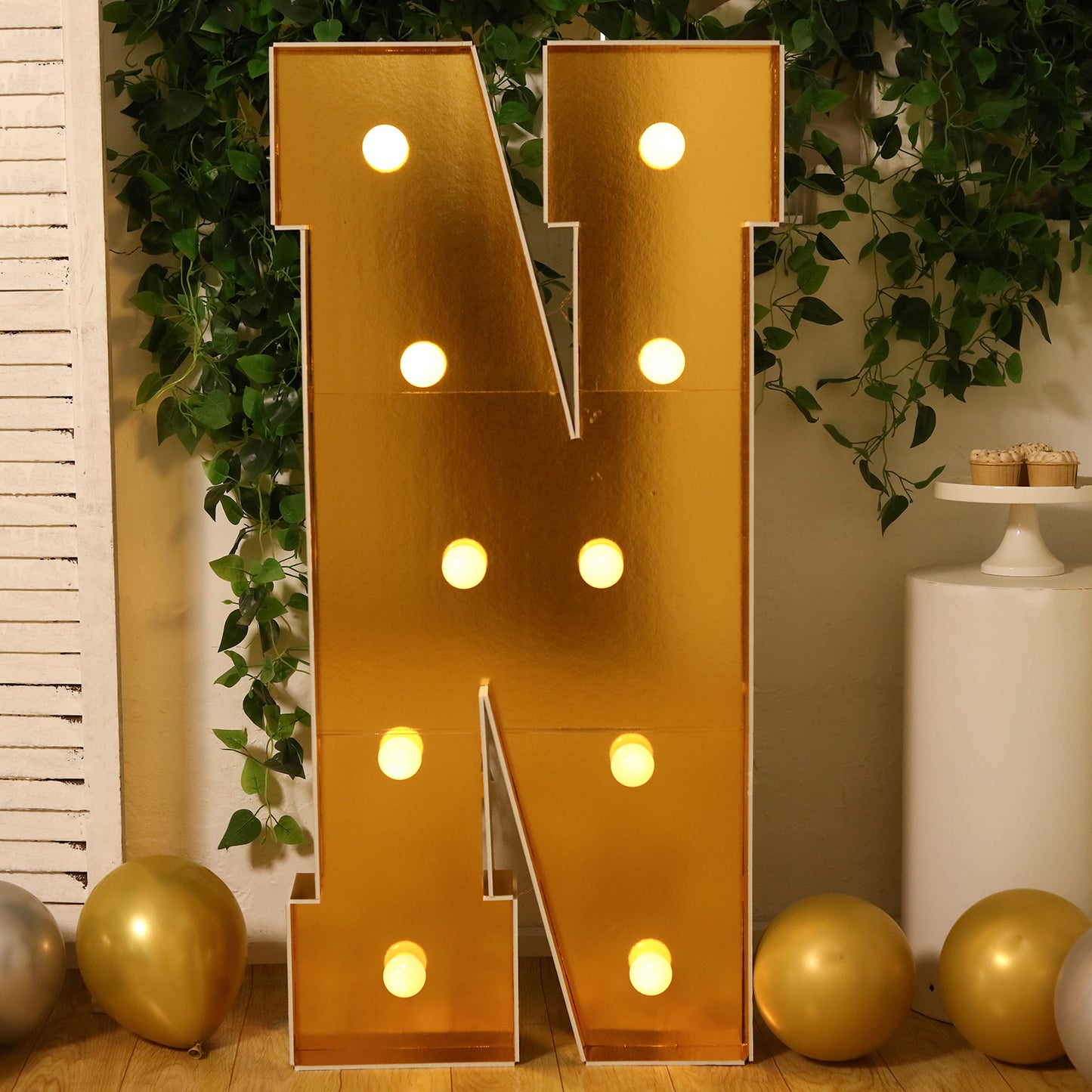 Giant LED Marquee Light Up Letter "N", Gold 4ft Pre-Cut Foam Board with 10 Warm White Battery Operated LEDs, Glue Gun and Sticks