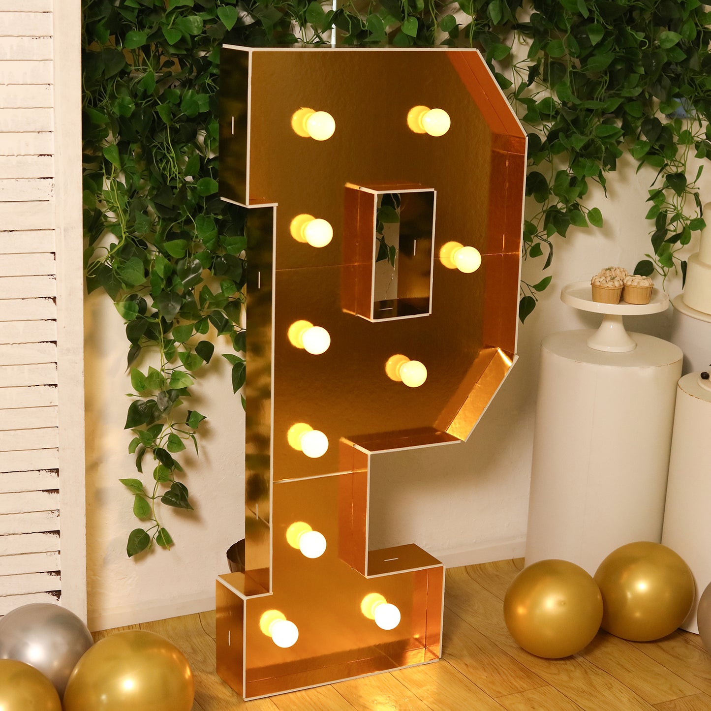Giant LED Marquee Light Up Letter "P", Gold 4ft Pre-Cut Foam Board with 10 Warm White Battery Operated LEDs, Glue Gun and Sticks