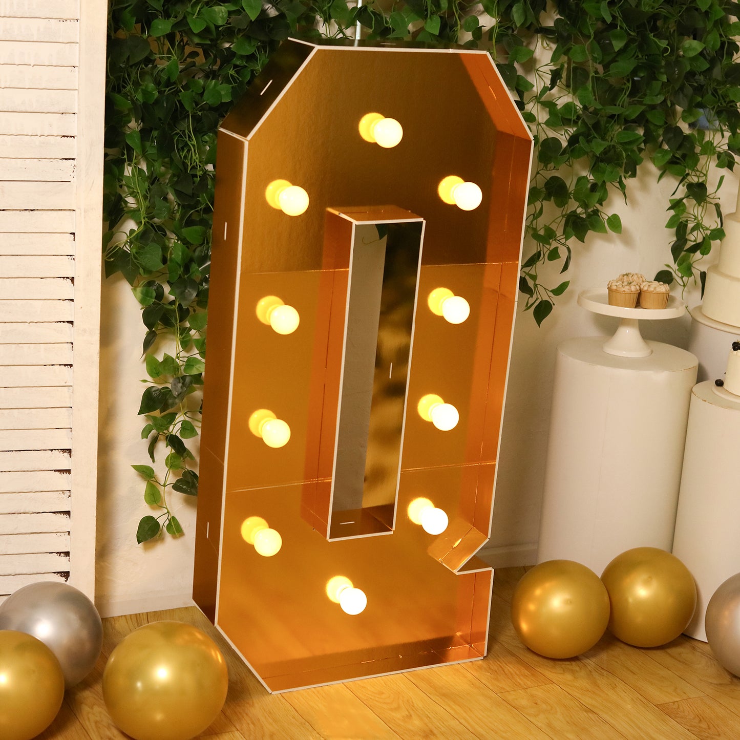 Giant LED Marquee Light Up Letter "Q", Gold 4ft Pre-Cut Foam Board with 10 Warm White Battery Operated LEDs, Glue Gun and Sticks