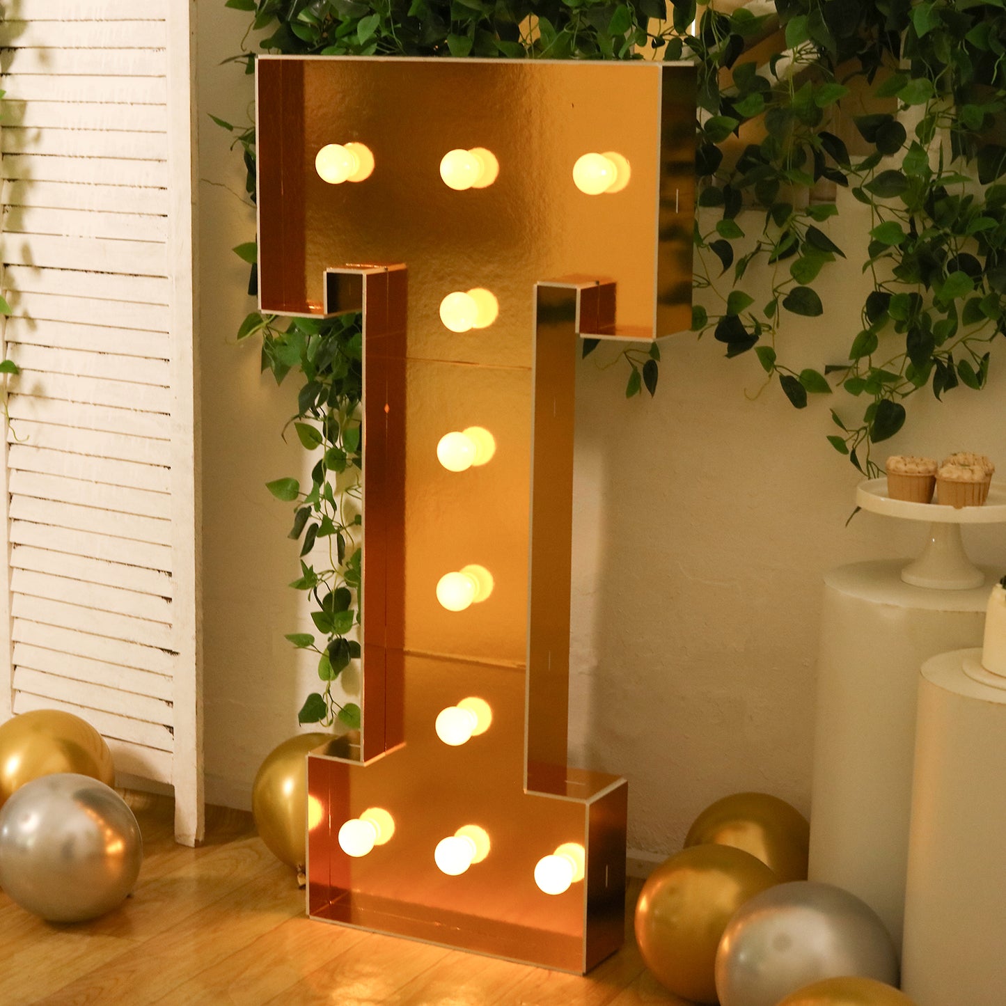 Giant LED Marquee Light Up Letter "T", Gold 4ft Pre-Cut Foam Board with 10 Warm White Battery Operated LEDs, Glue Gun and Sticks