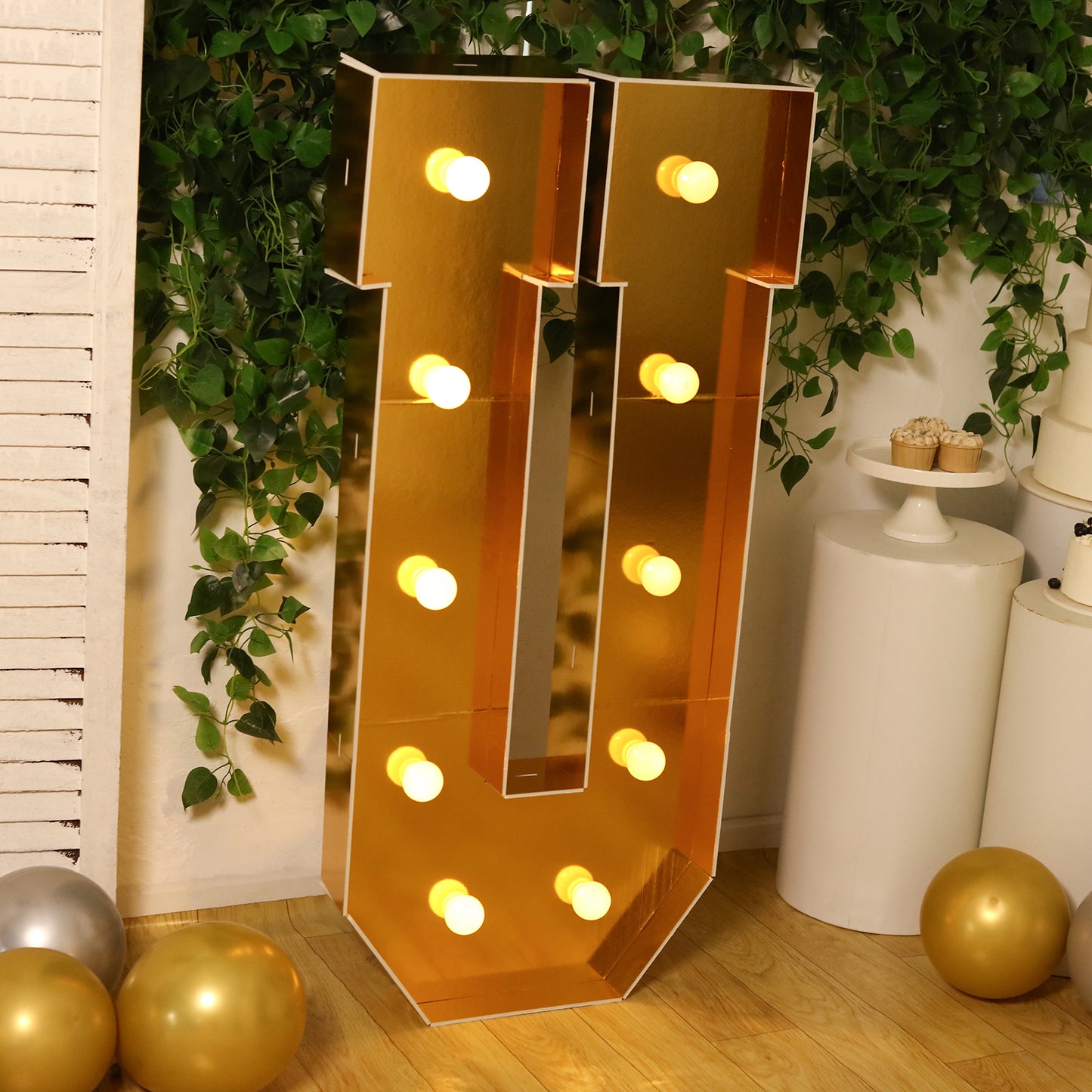 Giant LED Marquee Light Up Letter "U", Gold 4ft Pre-Cut Foam Board with 10 Warm White Battery Operated LEDs, Glue Gun and Sticks