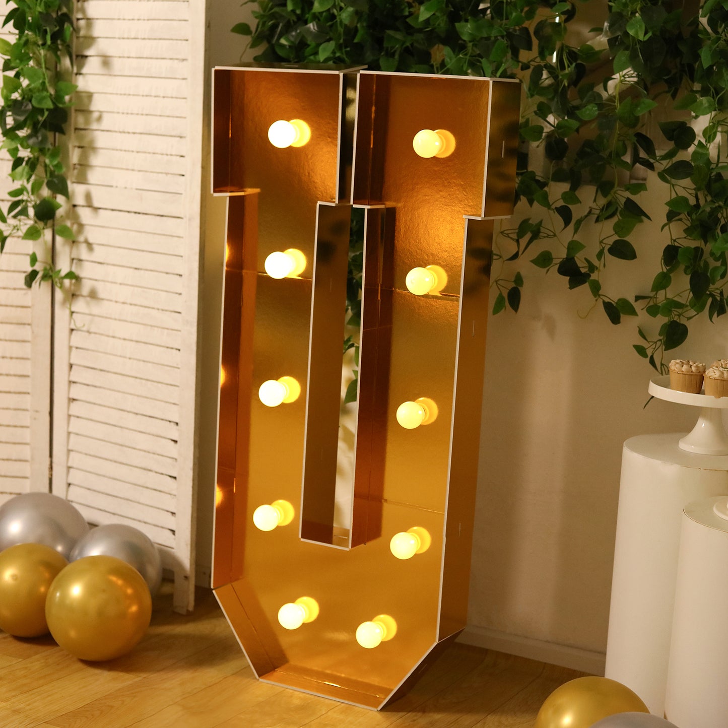 Giant LED Marquee Light Up Letter "U", Gold 4ft Pre-Cut Foam Board with 10 Warm White Battery Operated LEDs, Glue Gun and Sticks
