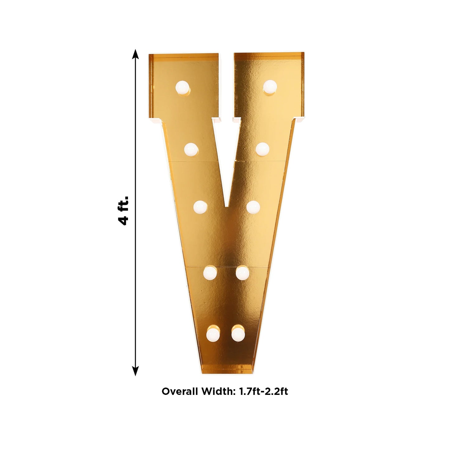 Giant LED Marquee Light Up Letter "V", Gold 4ft Pre-Cut Foam Board with 10 Warm White Battery Operated LEDs, Glue Gun and Sticks
