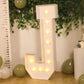 White LED marquee letter "J" illuminated with warm white lights.