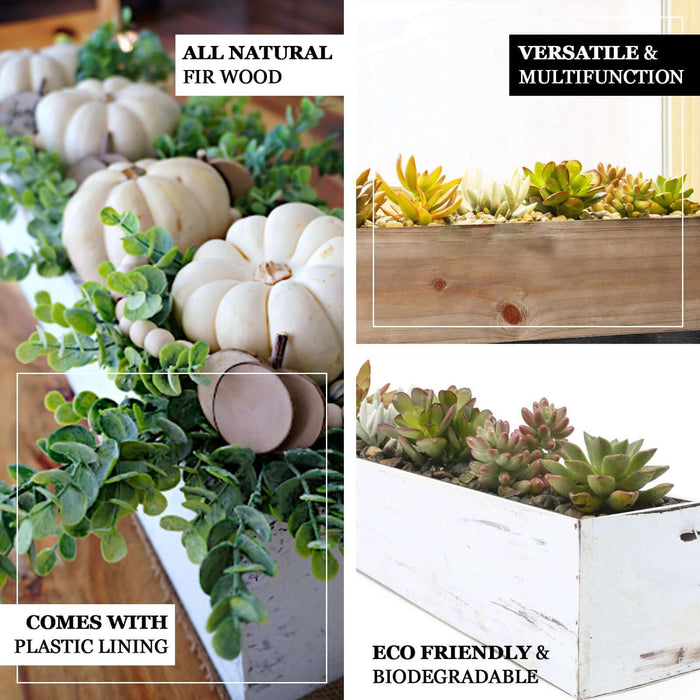 White rectangular wood planter box set with removable plastic liners and plants.