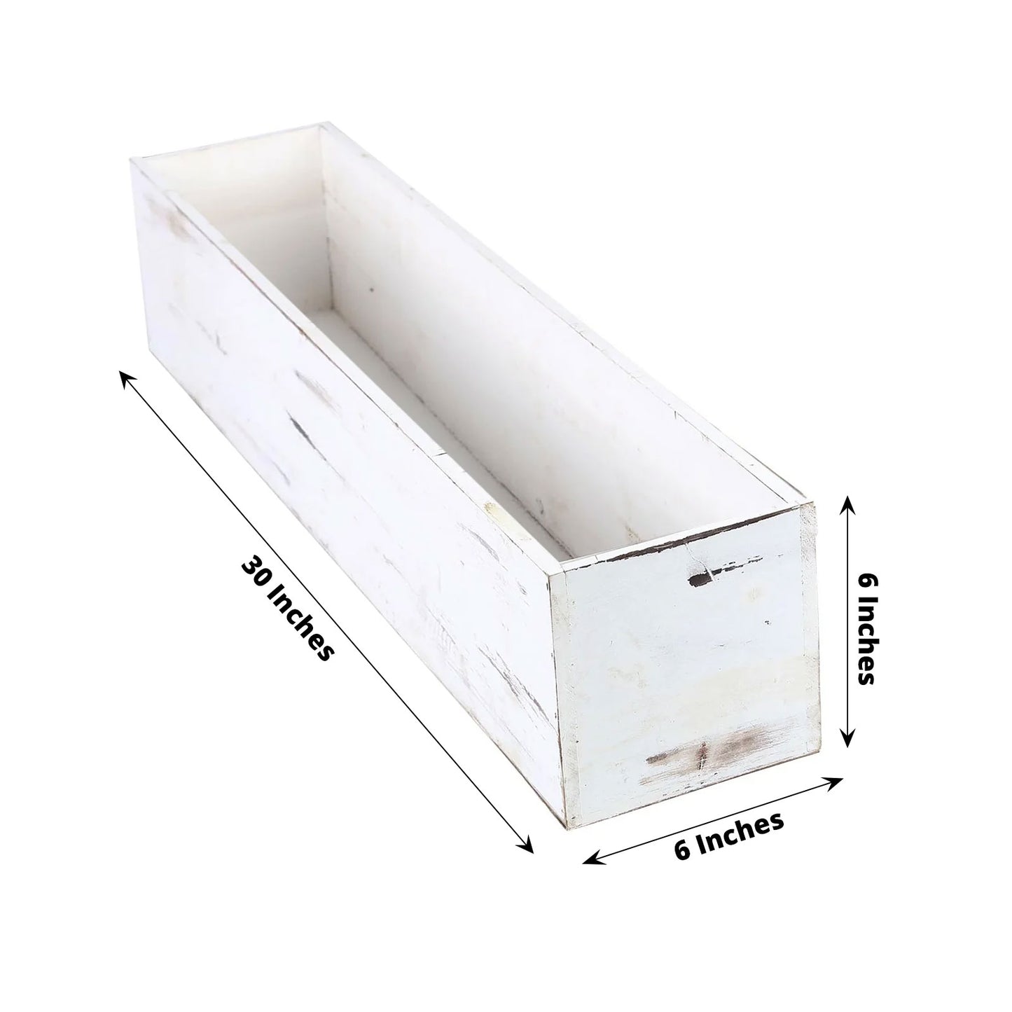 White rectangular wood planter box set with removable plastic liners.