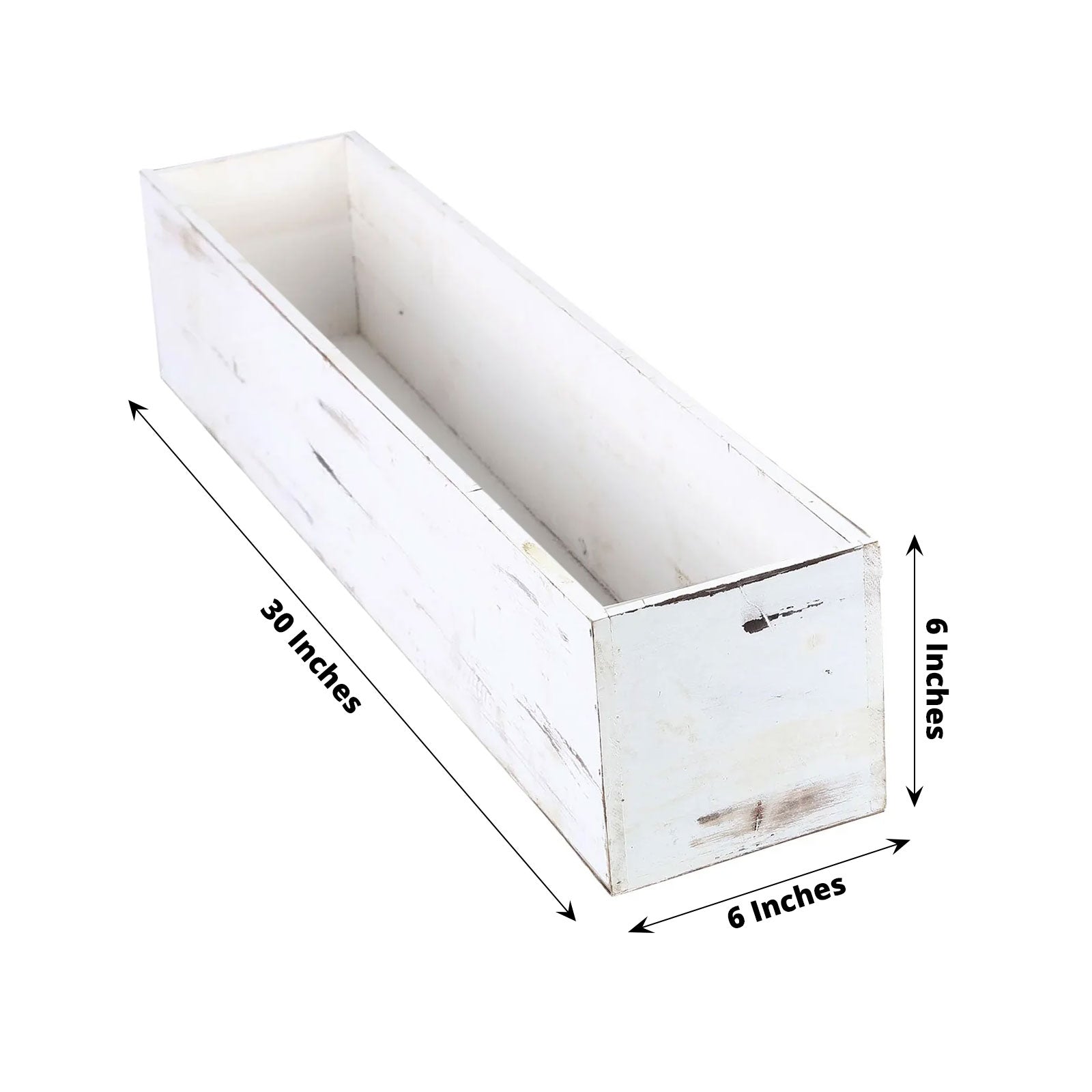 White rectangular wood planter box set with removable plastic liners.