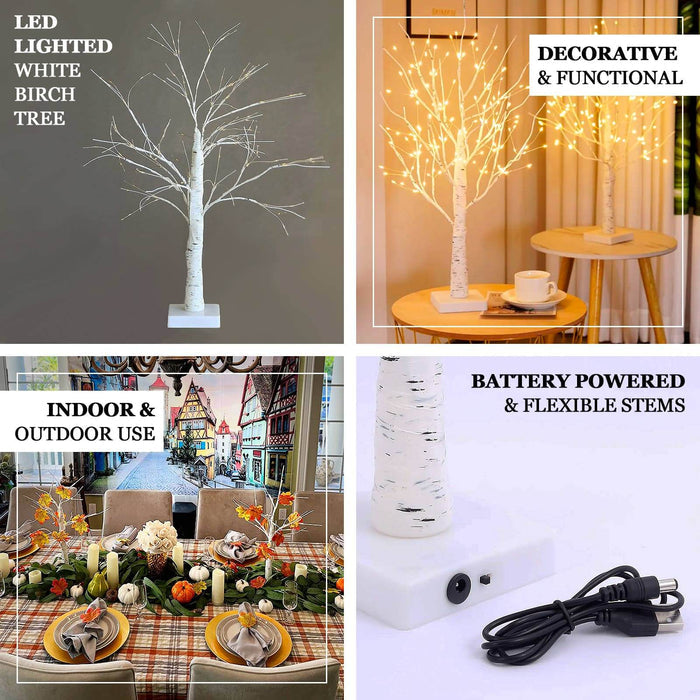 2ft white LED birch tree lamp with warm white lights, perfect for decor.